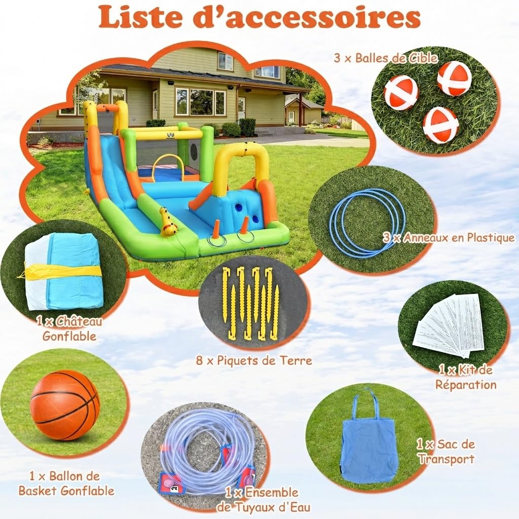 GOPLUS 7 en 1 Château Gonflable Aquatique Toboggan avec Souffleur 680W