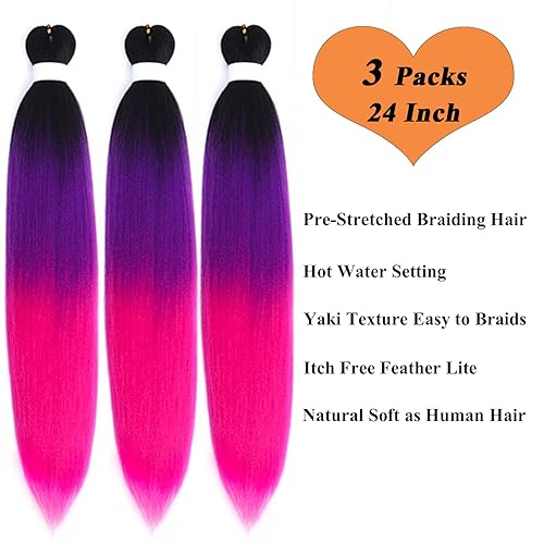 Miniatura 4 de Ai Yuchen Cabello para Trenzar Pre-Estirado Negro Púrpura Rosa Ombré Cabello para Trenzar Pre-Estirado Preestirado 24 pulgadas paquete de 3 Niños