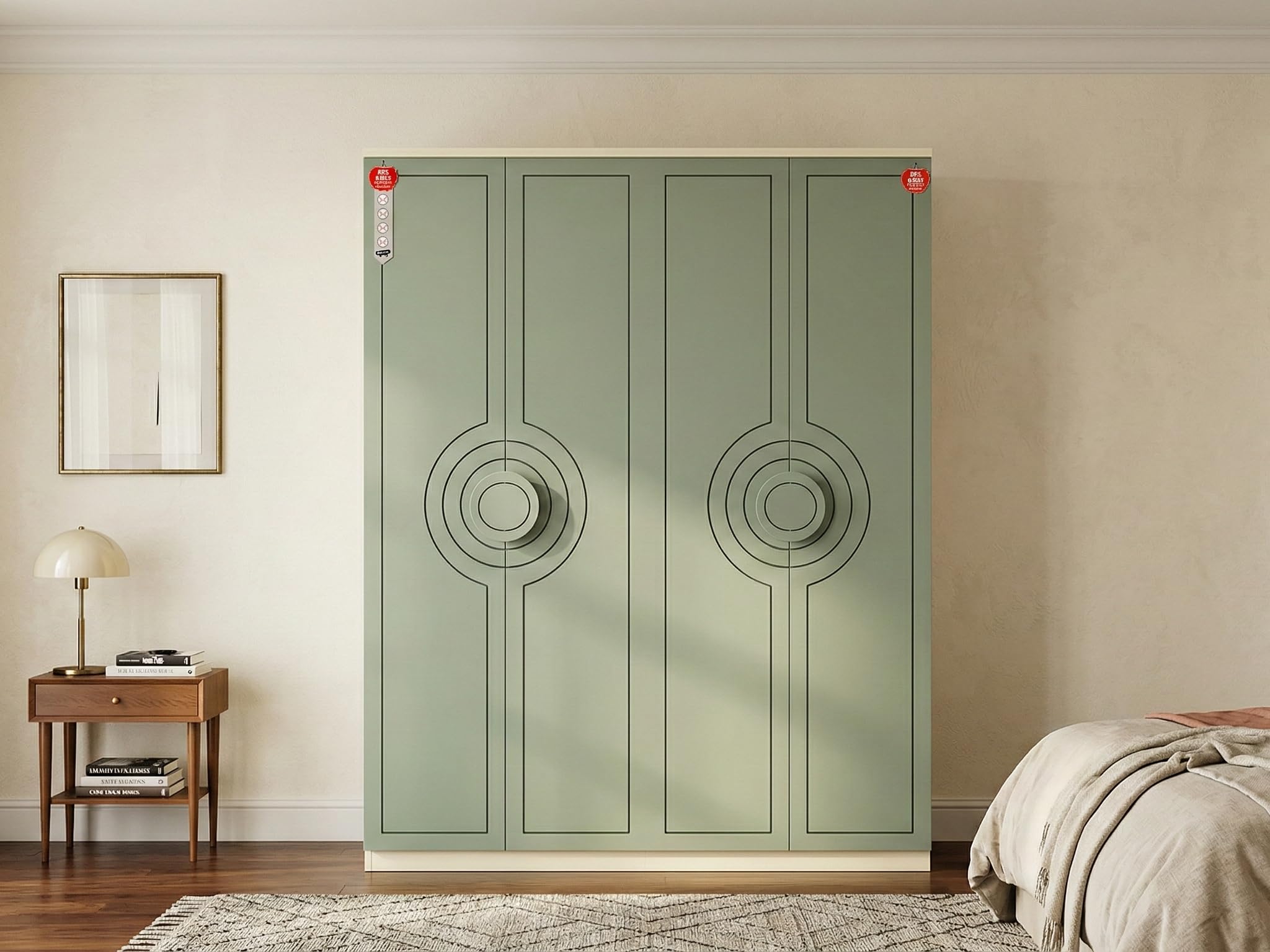 China Rose 4 Door Wardrobe 6x6.5 Ft | Sage Green Finish | Modern Bedroom Almirah-image-43