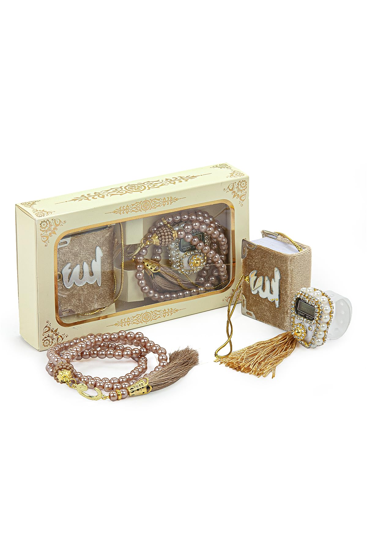 ihvan online Mini Velvet Quran Set with Islamic Finger Counter, Portable Digital Tasbeeh, Muslim Prayer Beads, Pearl Zikirmatic Beads, 3 Pieces Gift Set for Mevlüt (Gold)
