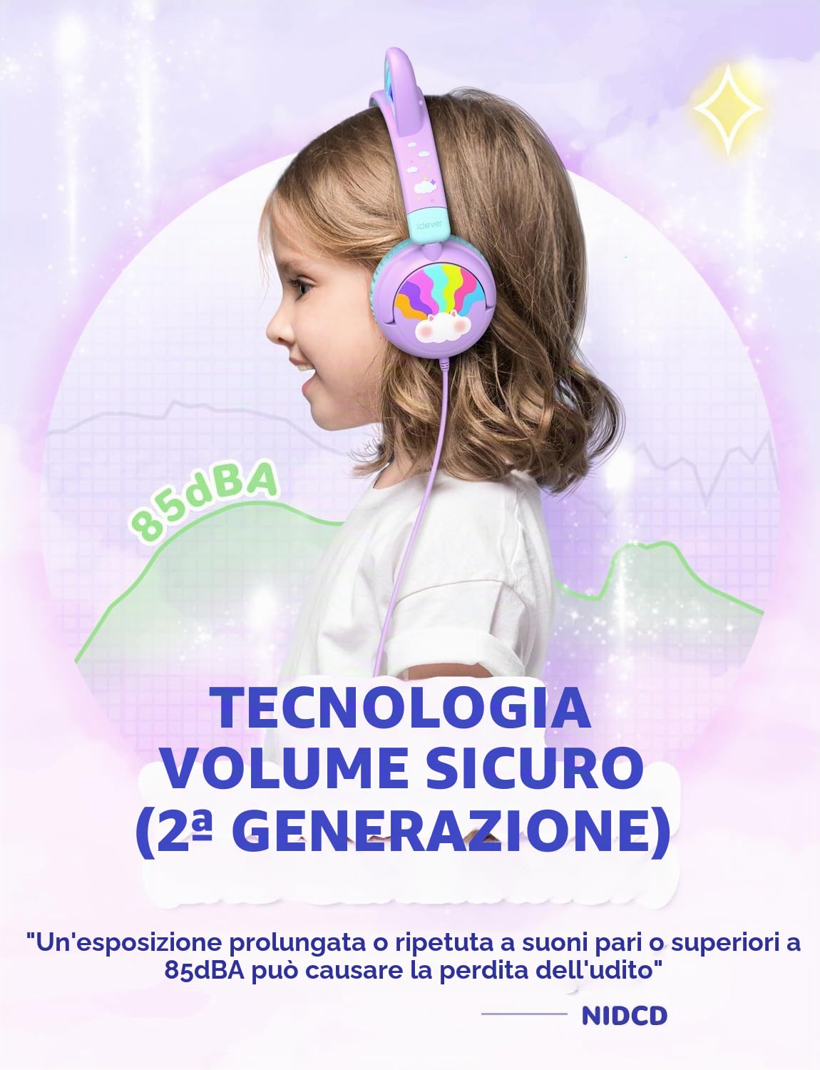 iClever Cuffie per Bambini, Orecchie da Gatt Illuminazione a LED, Volume Sicuro di 85dBA, Cuffie Bambina dal Suono Stereo, Pieghevoli con Cavo da 3.5 mm per iPad Tablet Viaggi Scuola
