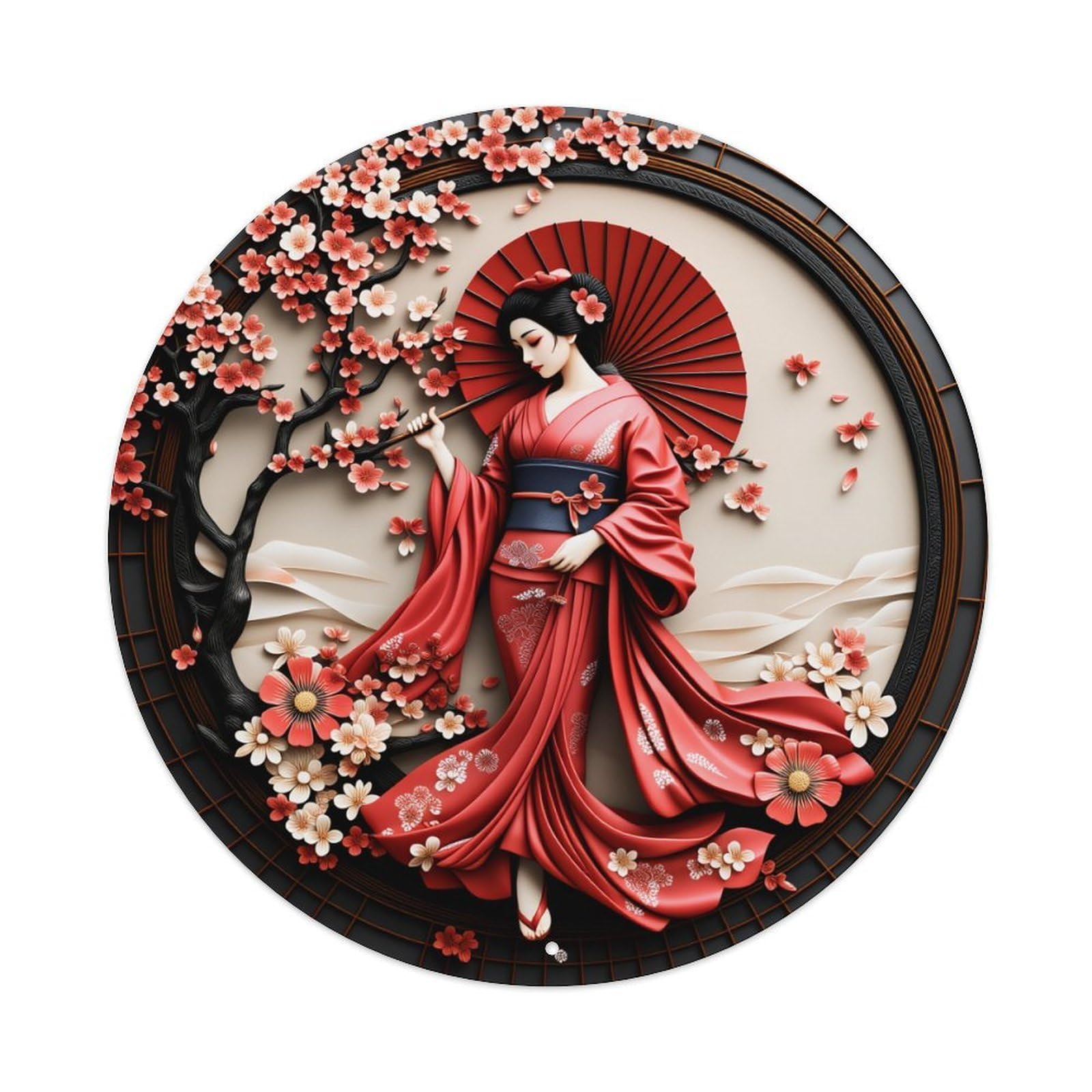 Jdfenggu Vintage Geisha Cherry Blossom Fan Art Retro Metal Sign Round Tin Sign, Decor Art Poster For Bar, Home, Man Cave, Kitchen, Laundry Room Gift 8X8inch