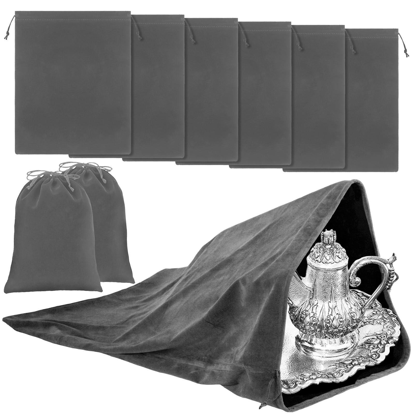 Ferraycle 6 Pcs Silver Storage Bags Oversized 24 x 32 Inch Zipper Anti Tarnish Cloth Bag for Silver Storage, Jewelry, Tray, Flatware, Vase, Polishing, Tarnish Cleaning(Dark Grey)