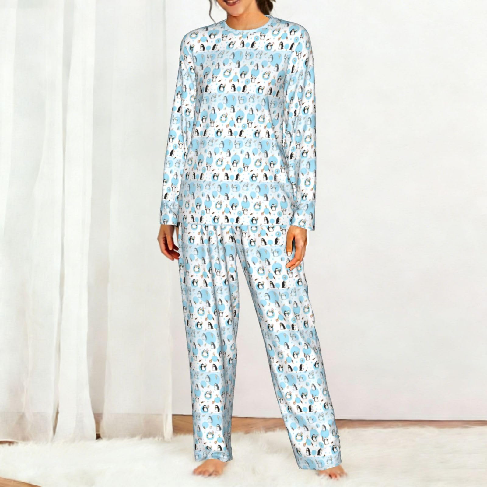 Pigiama da donna a maniche lunghe con stampa pinguino palloncino fiocco di neve morbido pigiama da spiaggia vacanza biancheria da notte regalo casual