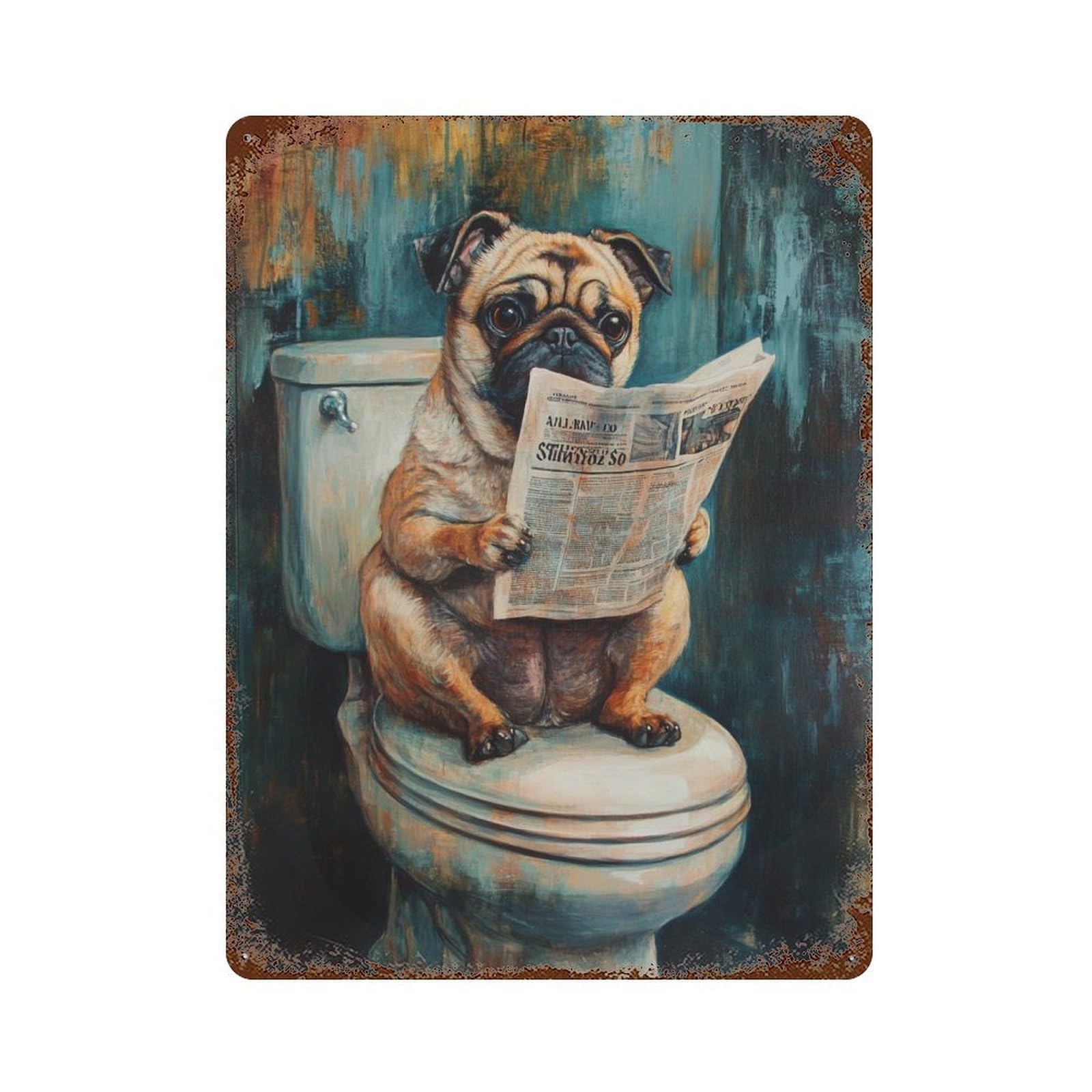 Pug Reading Newspaper on Toilet Rusty Metal Tin Sign 15.7"x11.8", Vintage Wall Decor for Garage, Pub Or Kitchen