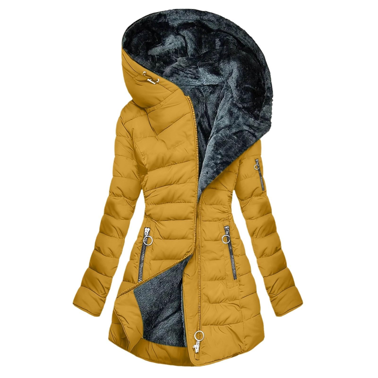 Cappotto Invernale da Donna Trapuntato Lungo con Cappuccio e Bordo in Pelliccia Giacca Imbottita in Cotone Calda, Cappotto Casual Antivento per Le Giornate Fredde