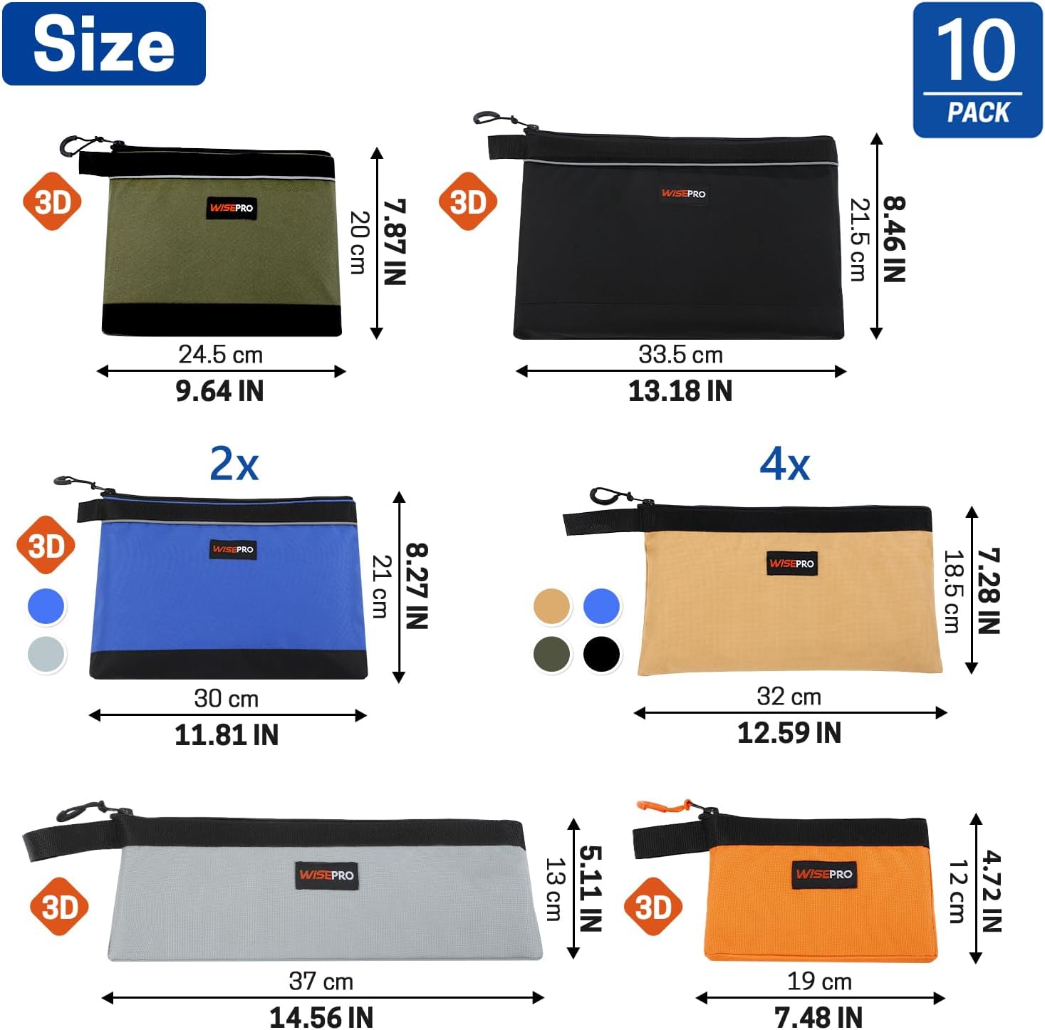 10 PCS Zipper Tool Pouch, Waterproof 600D Tool Bag Storage Kit Small Electrician Tools Pouch Bag, Utility Zipper Pouches for Organizing