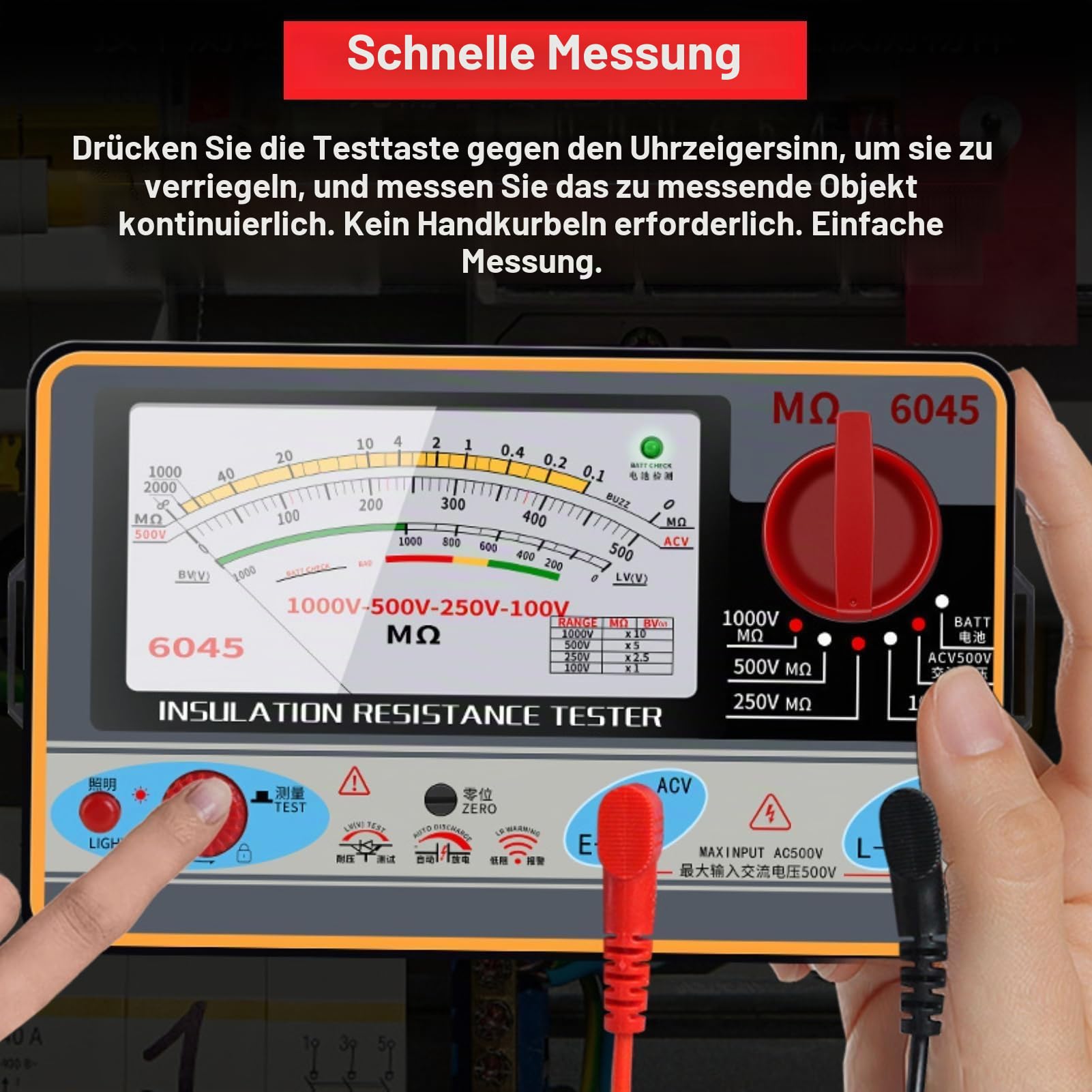TY6045 Isolationswiderstandstester Megohmmeter tragbar 1000 V 5 MΩ-2000 MΩ Widerstand Messung ohm Messgerät ABS Meter 10-2000 m ± 10% Bogenlänge