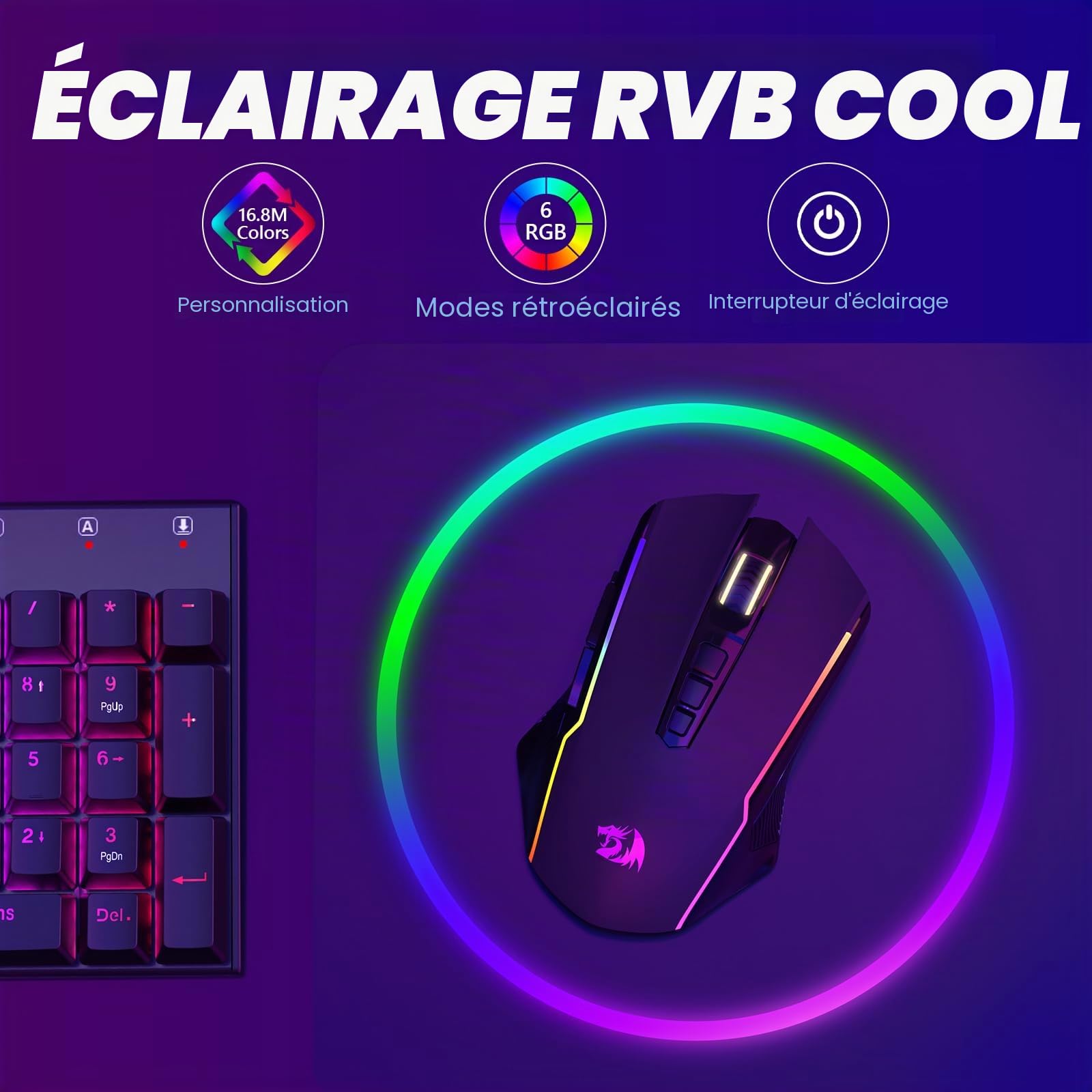Redragon M914P Souris Gamer sans Fil,RVB Tri-Mode 2.4 G/USB-C/Bluetooth,12000 PPP,9 Boutons Programmable avec Bouton de Feu,70 Heures Rechargeable,Souris Gaming de Jeu pour PC/Mac - Noir