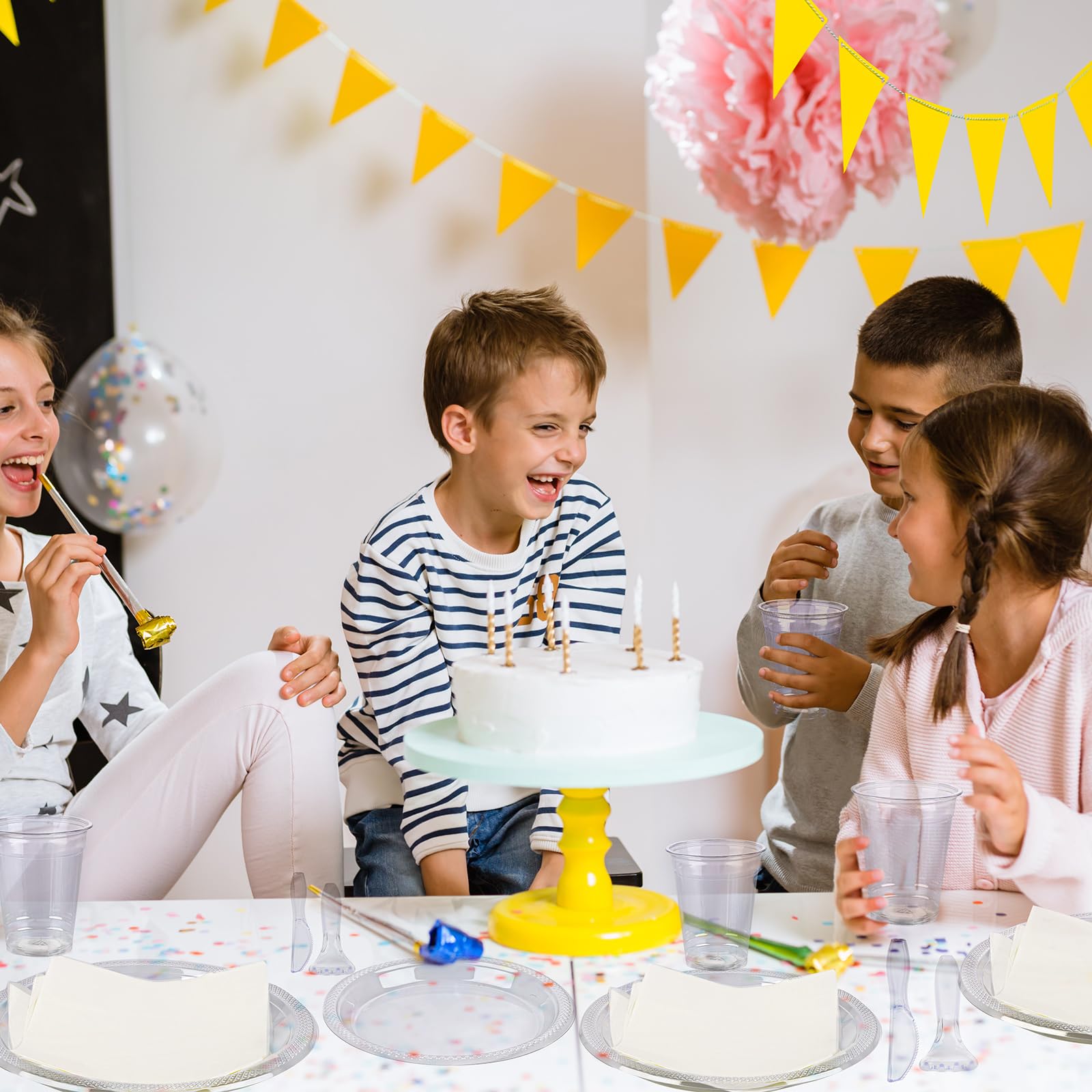 TWOWYHI 350pcs Clear Plastic Party Supplies for 50 Guests Clear Plastic Tableware Set 9" 7 "Dinner Plates 12OZ Cups Forks Spoons Knives Napkins for Birthday Retirement Graduation Party Supplies