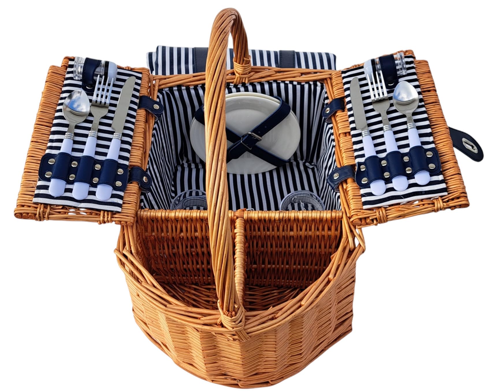 Picknickkorb für 2 Personen mit Picknickdecke, Besteck, Tellern, Weingläsern, Salz & Pfeffer, Korkenzieher und Flaschenfach – maritimes Design