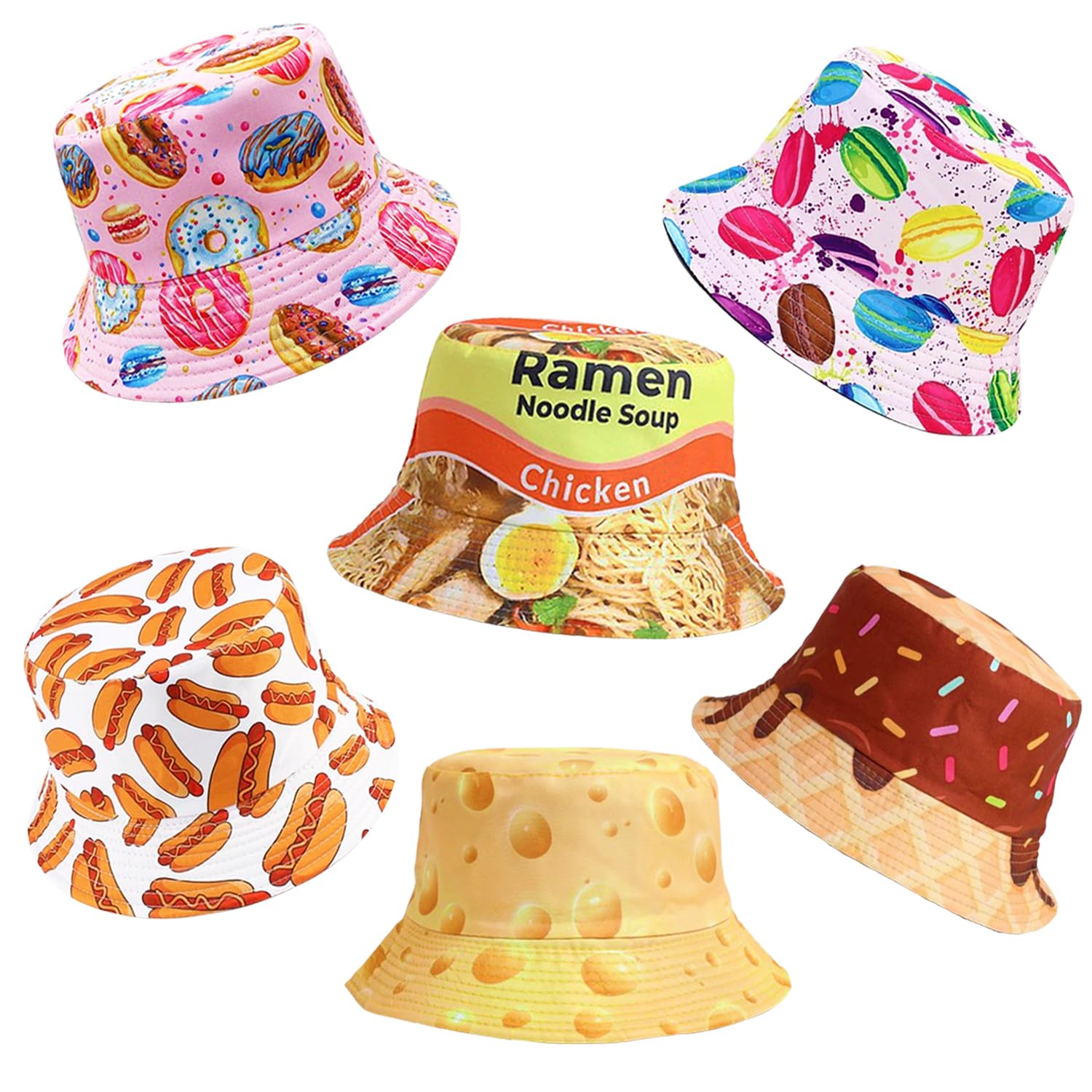 6 Pack Funny Food Bucket Hats, Fisherman Hats Party Hat, Ramen Hot Dog Donut Hamburger Cheese Ice Cream Pattern Reversible Bucket Hat, Summer Beach Travel Sun Caps for Men Women
