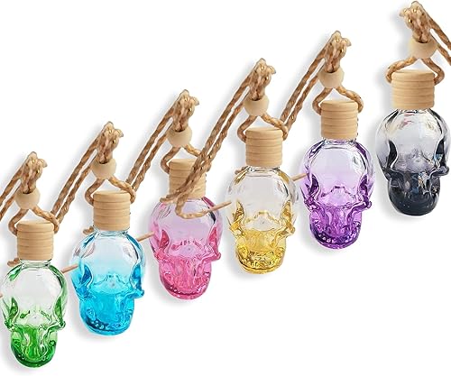 WMugthome 6 botellas líquidas rellenables de cristal de calavera pequeña con tapa de madera colgante, tapón suave y dispensador para mezcla de