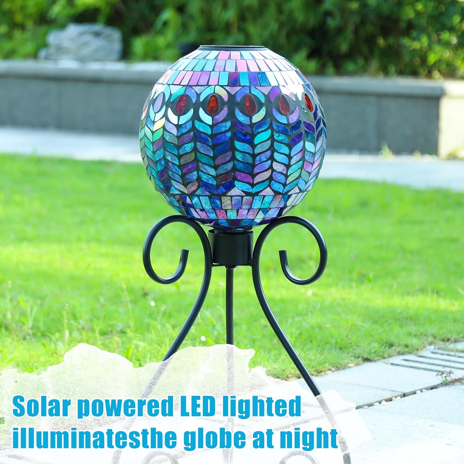 VCUTEKA Solar Gazing Ball, Mosaic Glass Gazing Balls Sphere with Solar Light for Garden Lawn Outdoor Ornament Yard Decorative, 10"