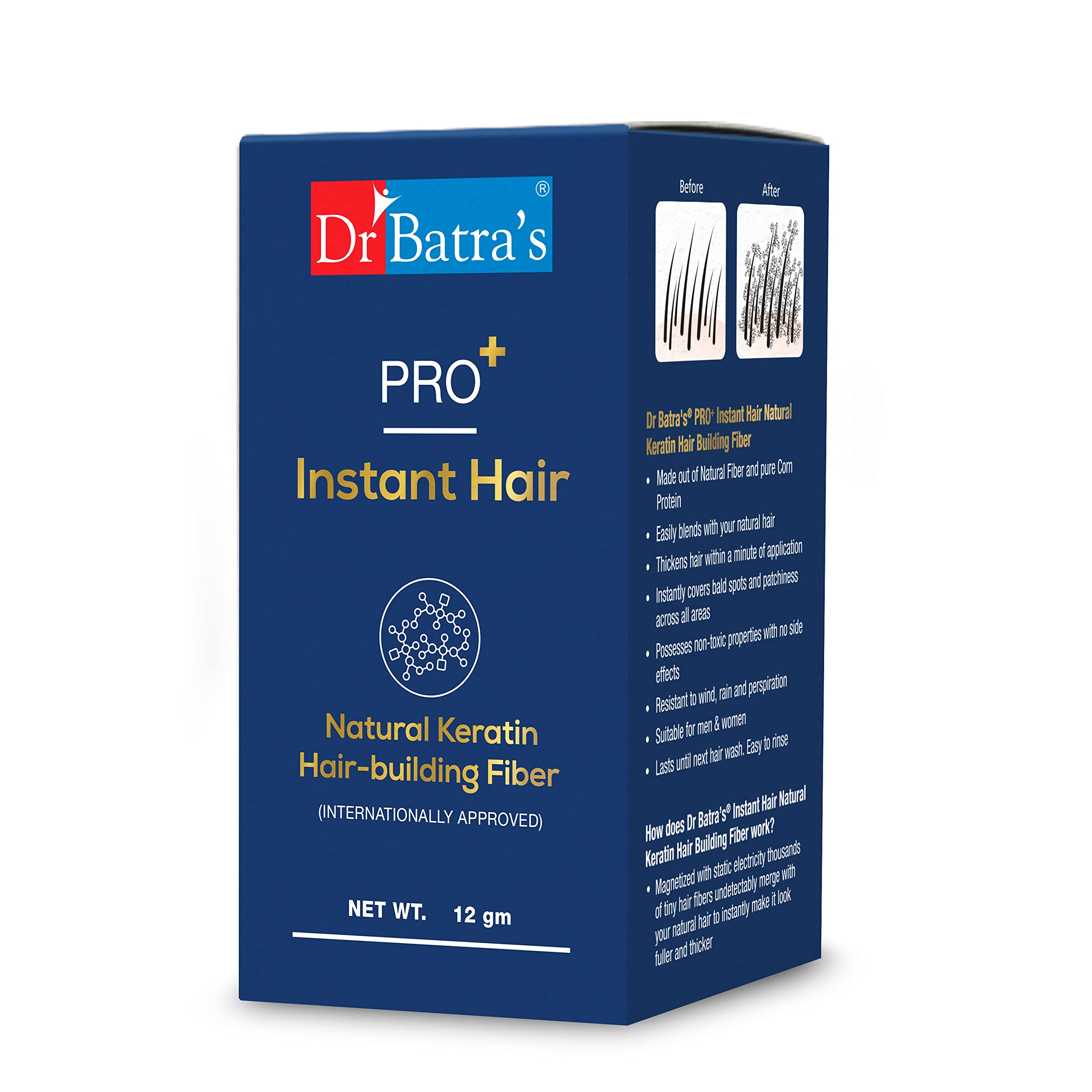 Dr Batra's Pro+ Instant Natural Keratin Hair Building fibre (Internationally Approved) - Black, Hair fiber for thin & Fine hair, Suitable for Men and Women