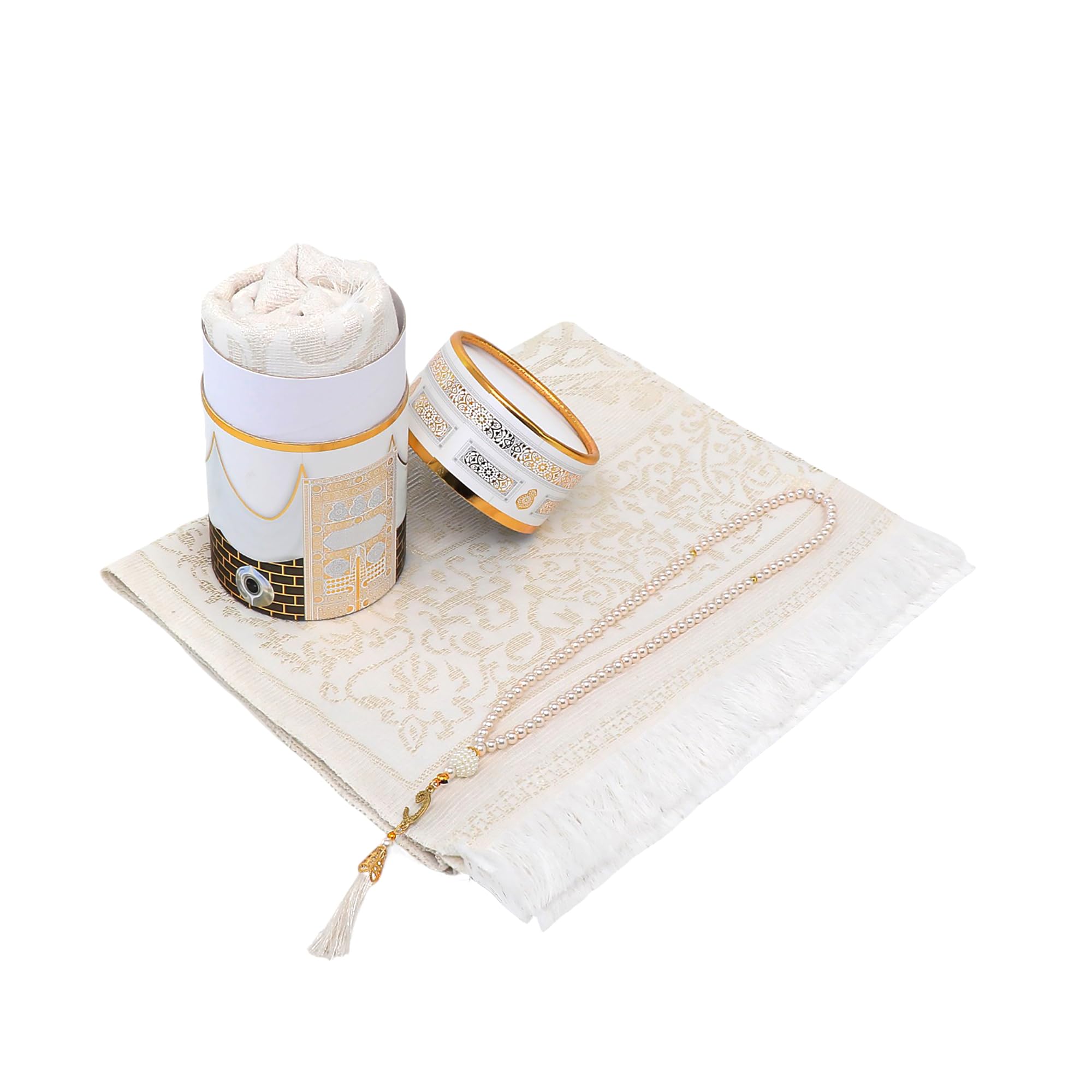 FURKAN Muslim Prayer Rug & Beads Set with Stylish Cylinder Gift Box Janamaz Sajadah Prayer Mat Perfect Islamic Spiritual Gift for Ramadan Islamic,