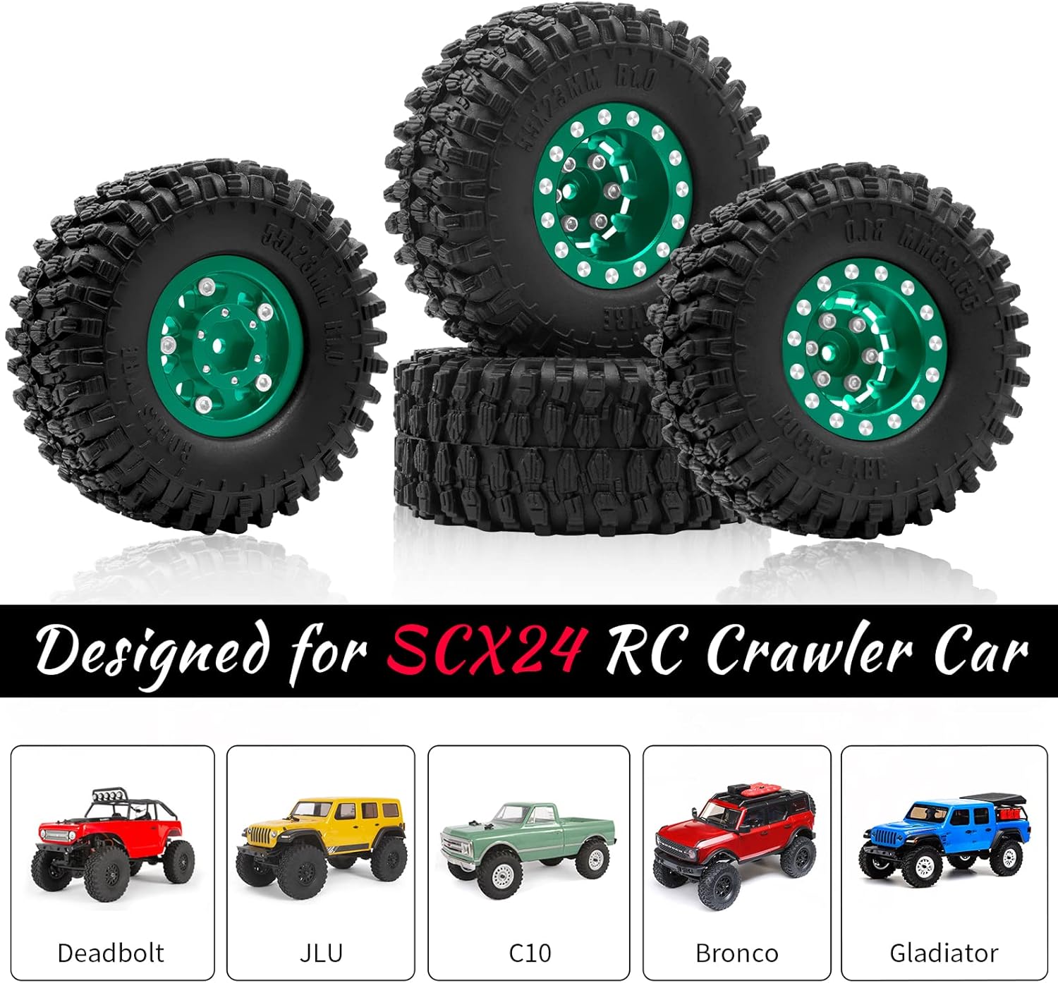 OGRC 1.0 Wheels Deep Dish Rims Negative Offset 7mm Wheels with New Compound 1.0 Tires for Axial SCX24 Gladiator Bronco C10 JLU Deadbolt RC Crawler Upgrades Parts (Green)