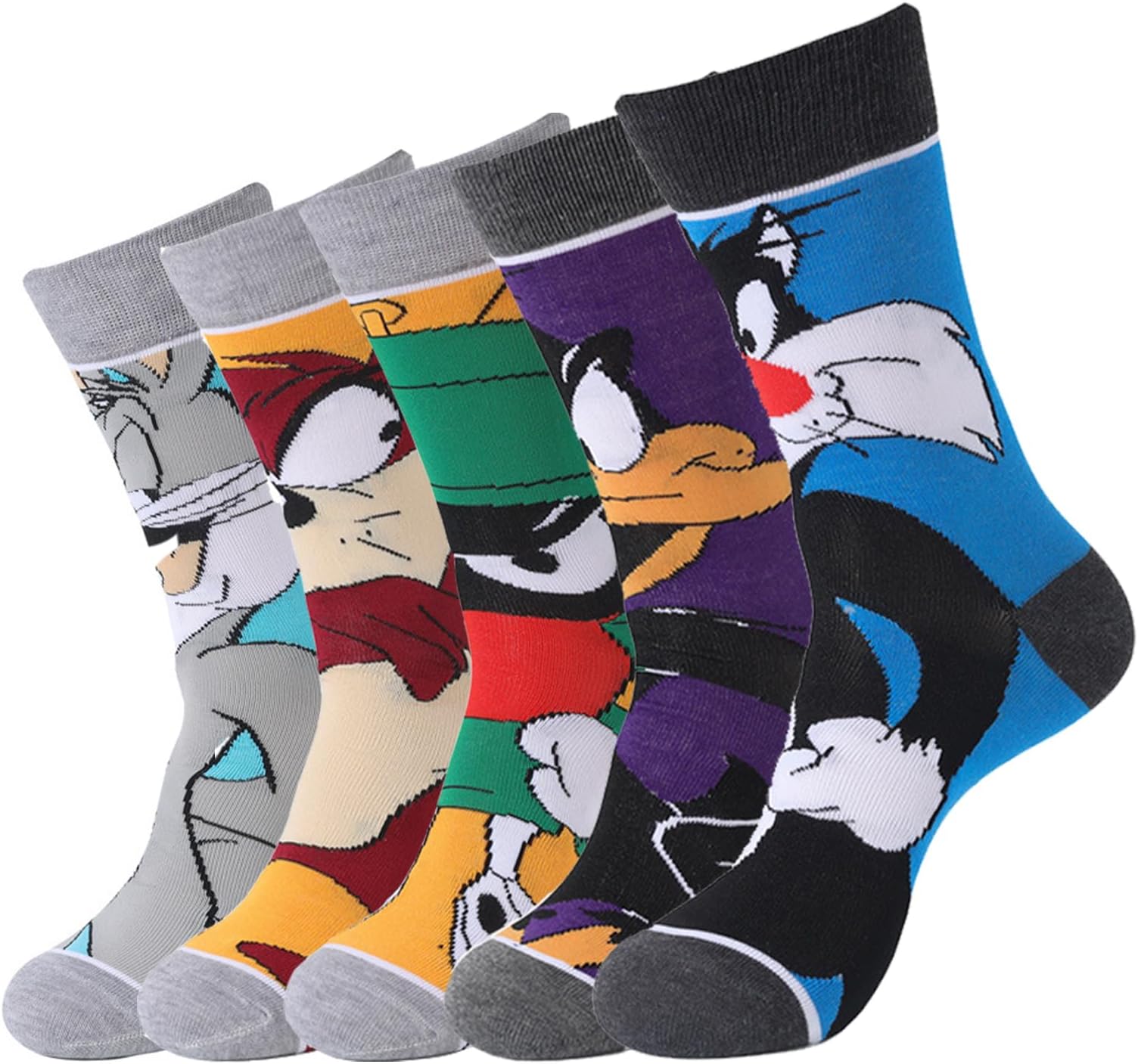 5 Pack Mens Dress Socks Funny Design Crazy Fun Cartoon Character Cotton Long Crew Socks,Size 9-12