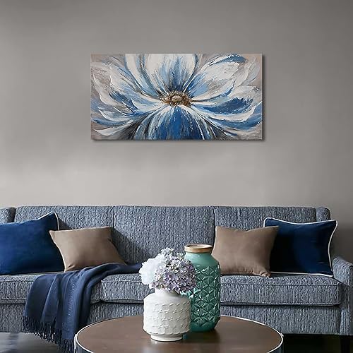 Miniatura 3 de Lienzo decorativo para pared de sala de estar, gran imagen de flores blancas y azules, pintura con impresión giclée, decoración de pared, obra de