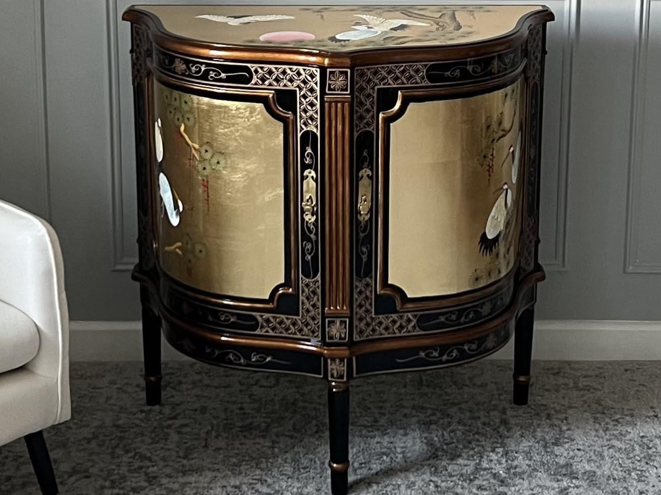 Chinese Furniture - Gold Leaf Half Moon Cabinet in Cranes Design, Oriental Furniture