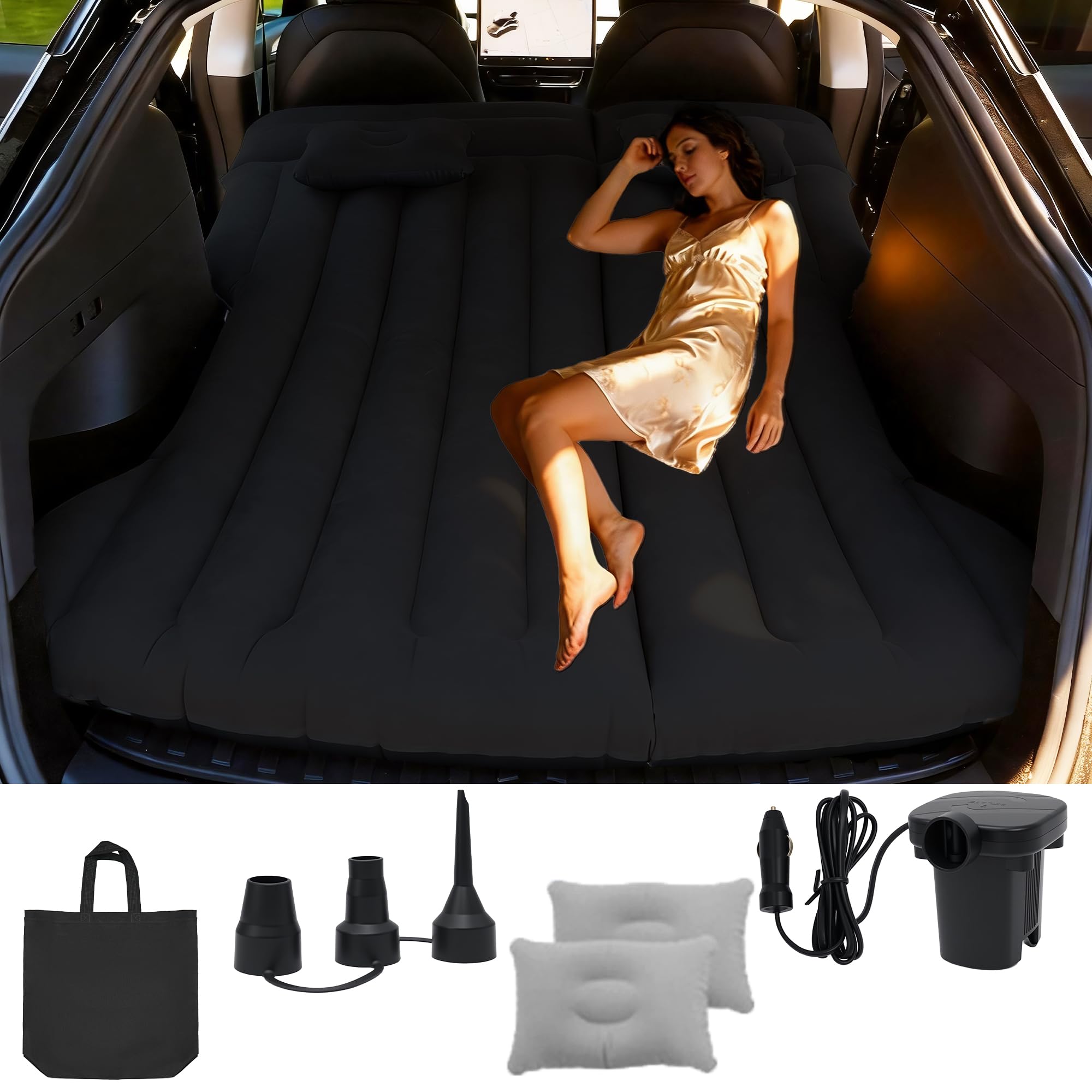 Canareen Car Air Mattress, Inflatable Mattress for Model Y SUV RV Back Seat, Car Mattress Thicken with 2 Pillows, Portable Airbed Double with Flocking/PVC Surface for Home, Outdoor and Travel (Black)