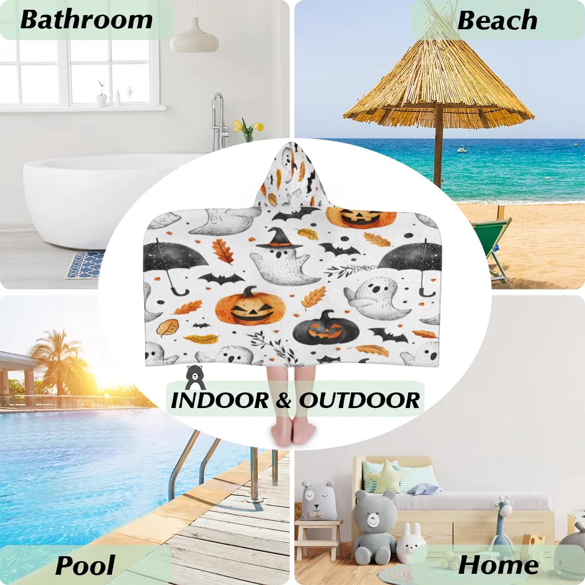 Pardick Kids Bath Towel Autumn Pumpkin Ghost Beach Towel with Hood Pool Cover Up for Girls Boys Soft Absorbent Hooded Bath Towel Toddler Towels for Beach, Pool