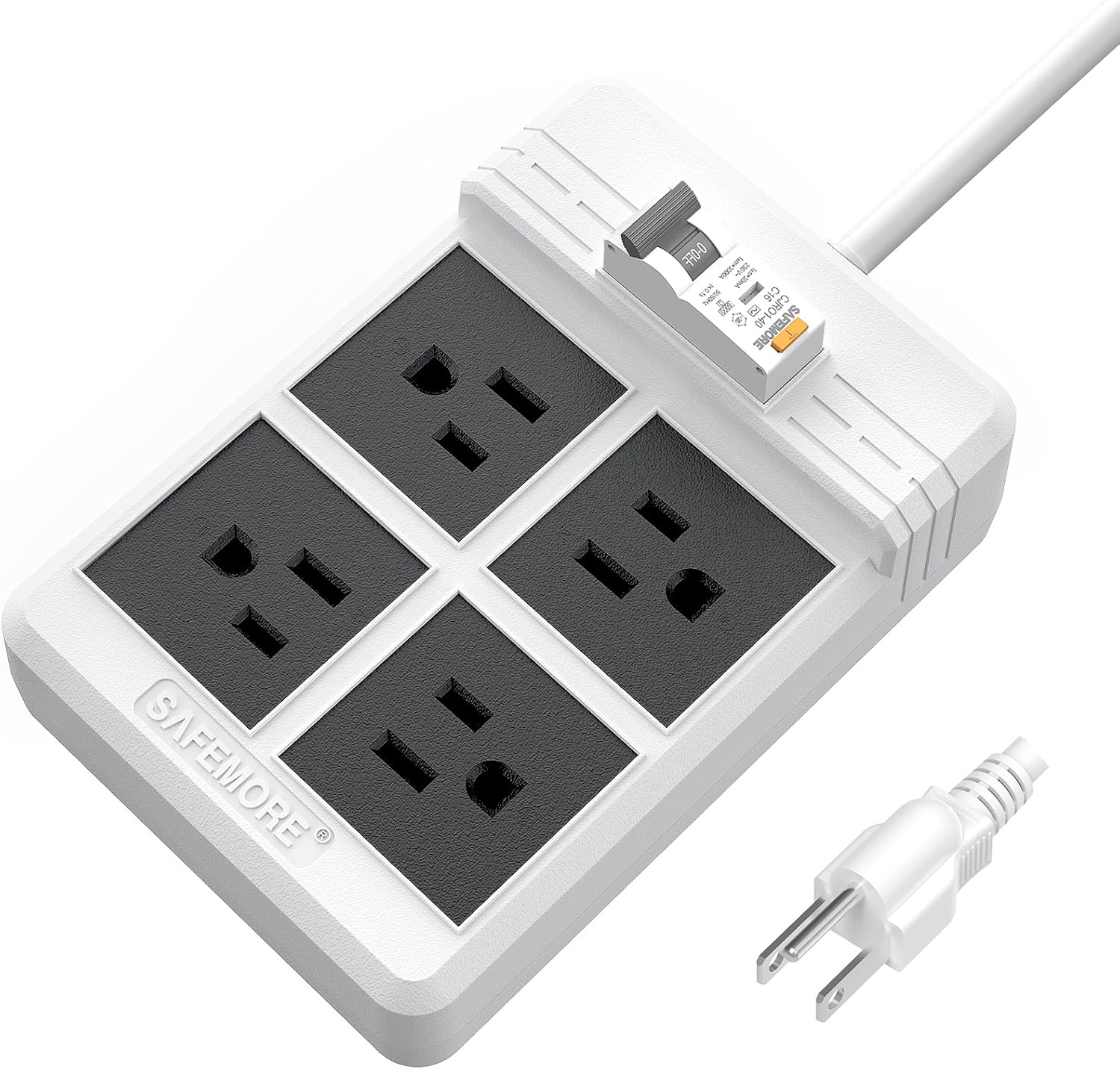 GFCI Power Strip with 4 Sockets, 6.56 FT Heavy Duty Surge Protected Extension Cord with 30mA GFCI [15 A/1875 W] for Garage, Workshop, Home Use - Indoor/Outdoor Safety with Wide Spaced Sockets (White)