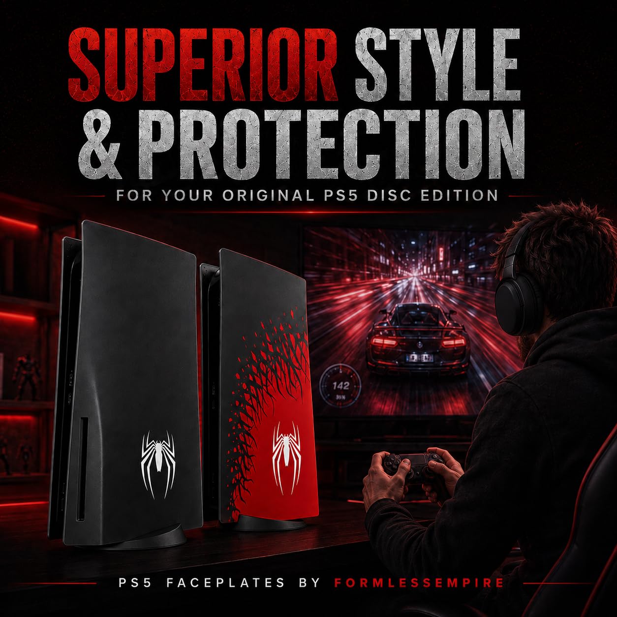 Plaque frontale pour PS5 - Plaques latérales pour console PlayStation 5 Disc Edition - Coque de rechange - Noir - Anti-rayures et anti-poussière - Motif araignée
