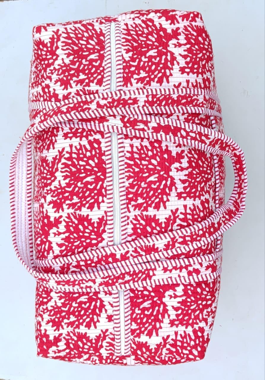 Red Color Indian Block Print Quilted Bag,Weekender Bags,Handmade Colorful Travel Overnight Bags Large Size Cotton Duffle Bags, For Women Holiday Gifts