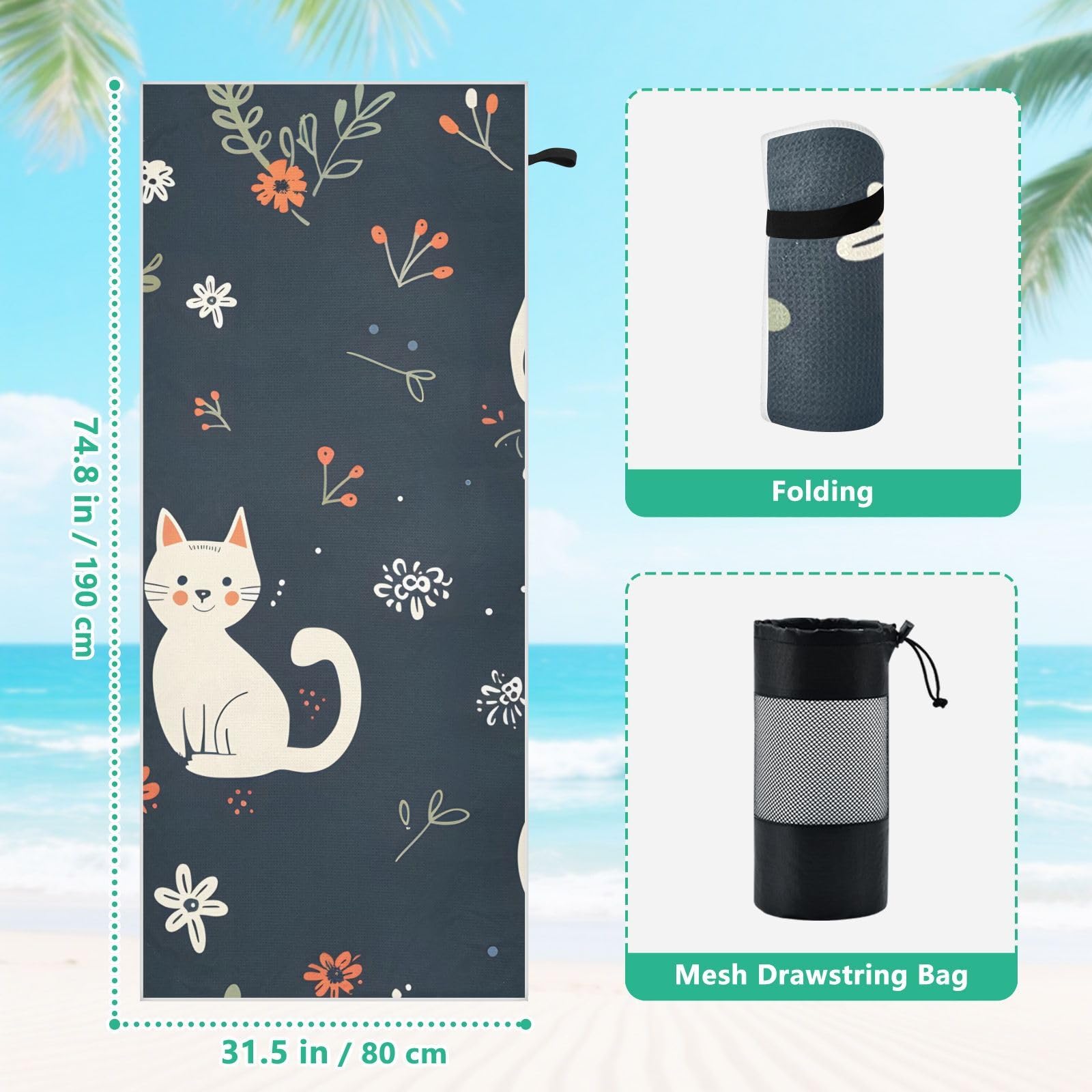 Grandes serviettes de plage avec sacs en maille pour adultes, motif chat et fleur de dessin animé avec fermeture magnétique, serviette absorbante à séchage rapide pour piscine, camping et voyage