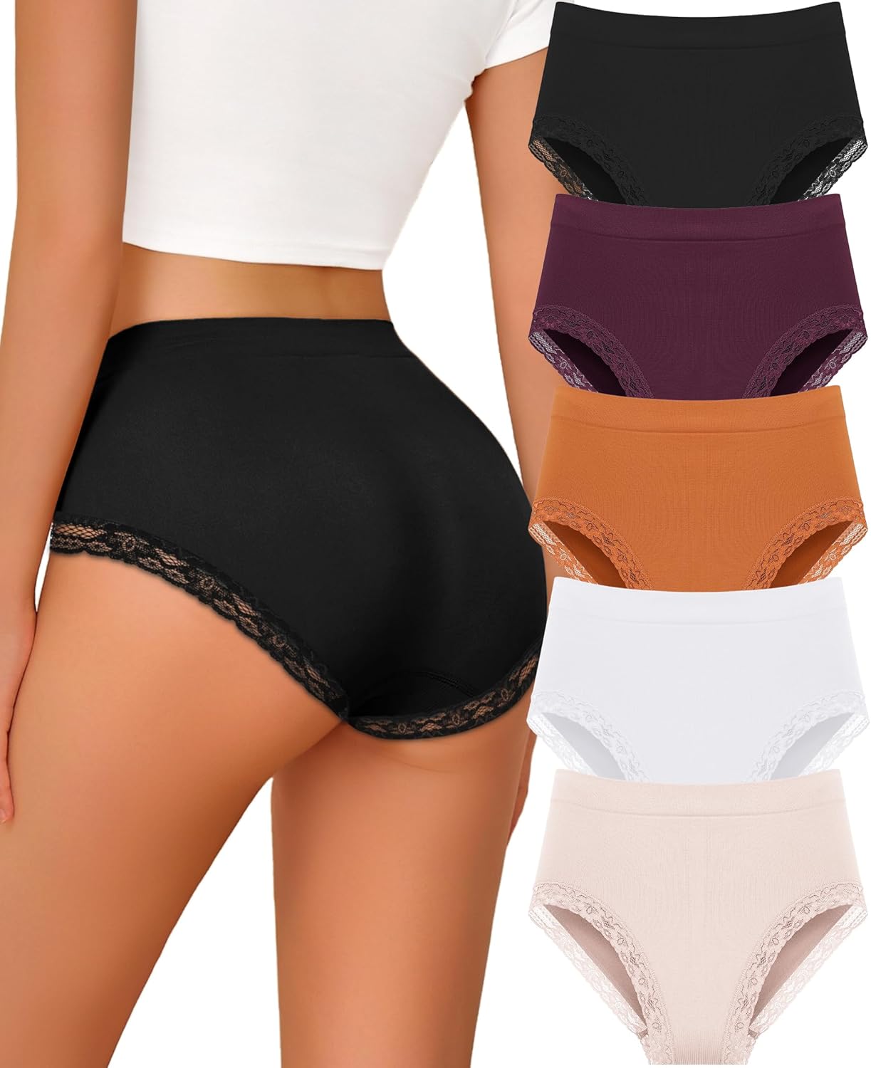READY TO LOVE Womens Underwear High Waisted Seamless Lace Panties Breathable Full Coverage Plus Size Brief 5-Pack