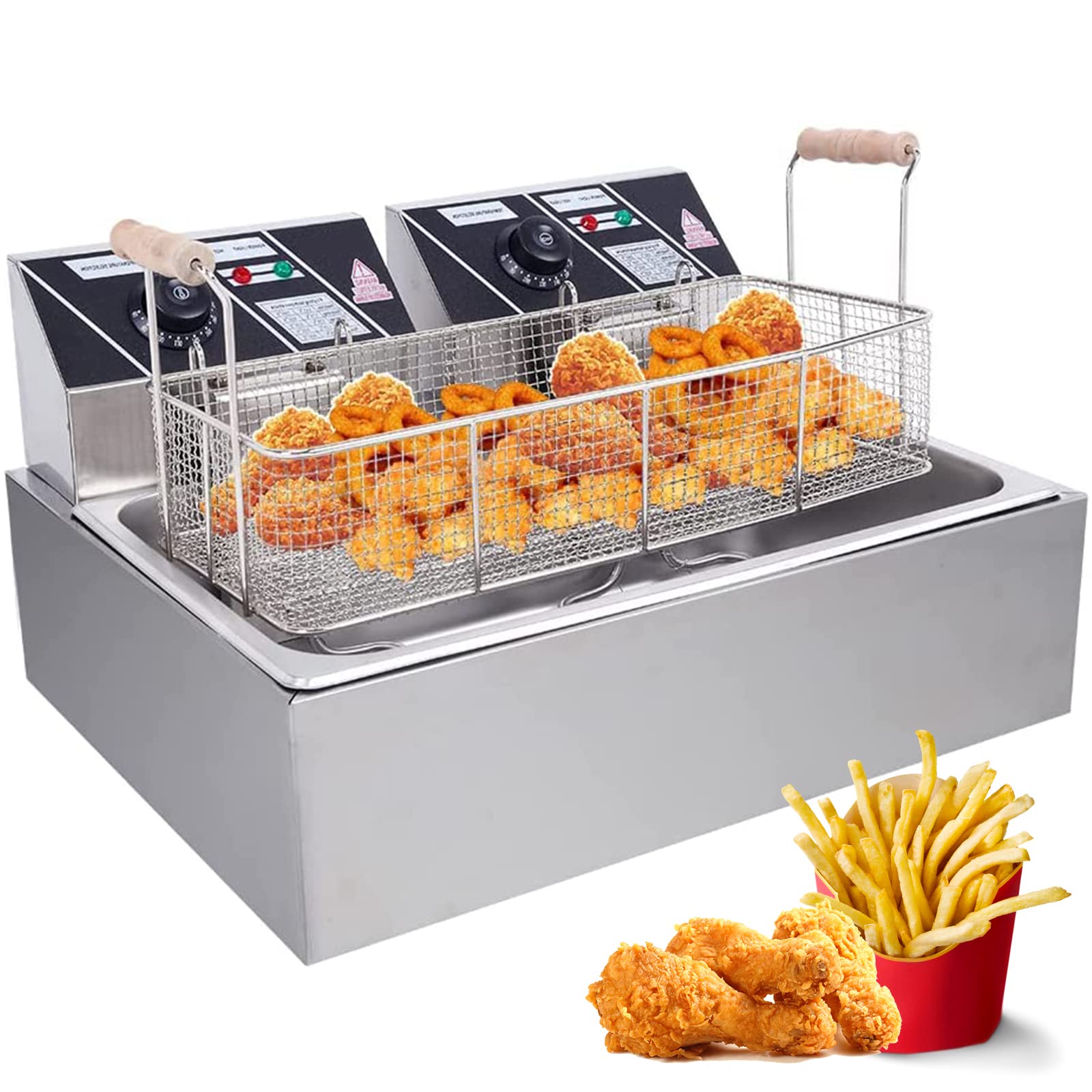 AYCDL Electric Commercial Deep Fryer, 5000W, 23 Qt, Stainless Steel, Countertop, Removable Baskets, Temperature Control for Cooking Chicken, French Fries, Donuts