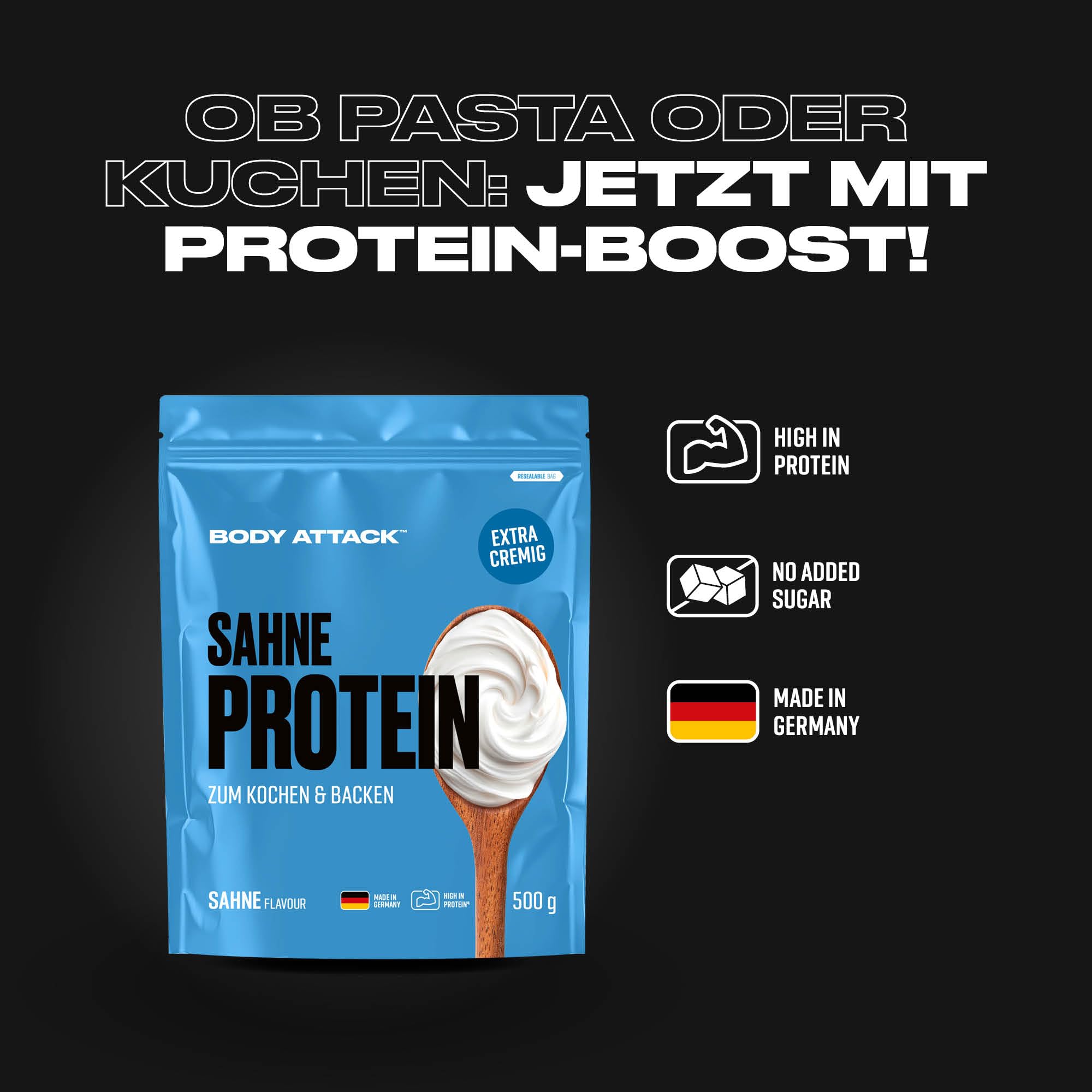 Body Attack Sahne Protein 500 g | Protein Sahne Alternative zum Backen & Kochen, für Saucen & Desserts, Whey & Casein Protein mit Laktase, ohne Zuckerzusatz