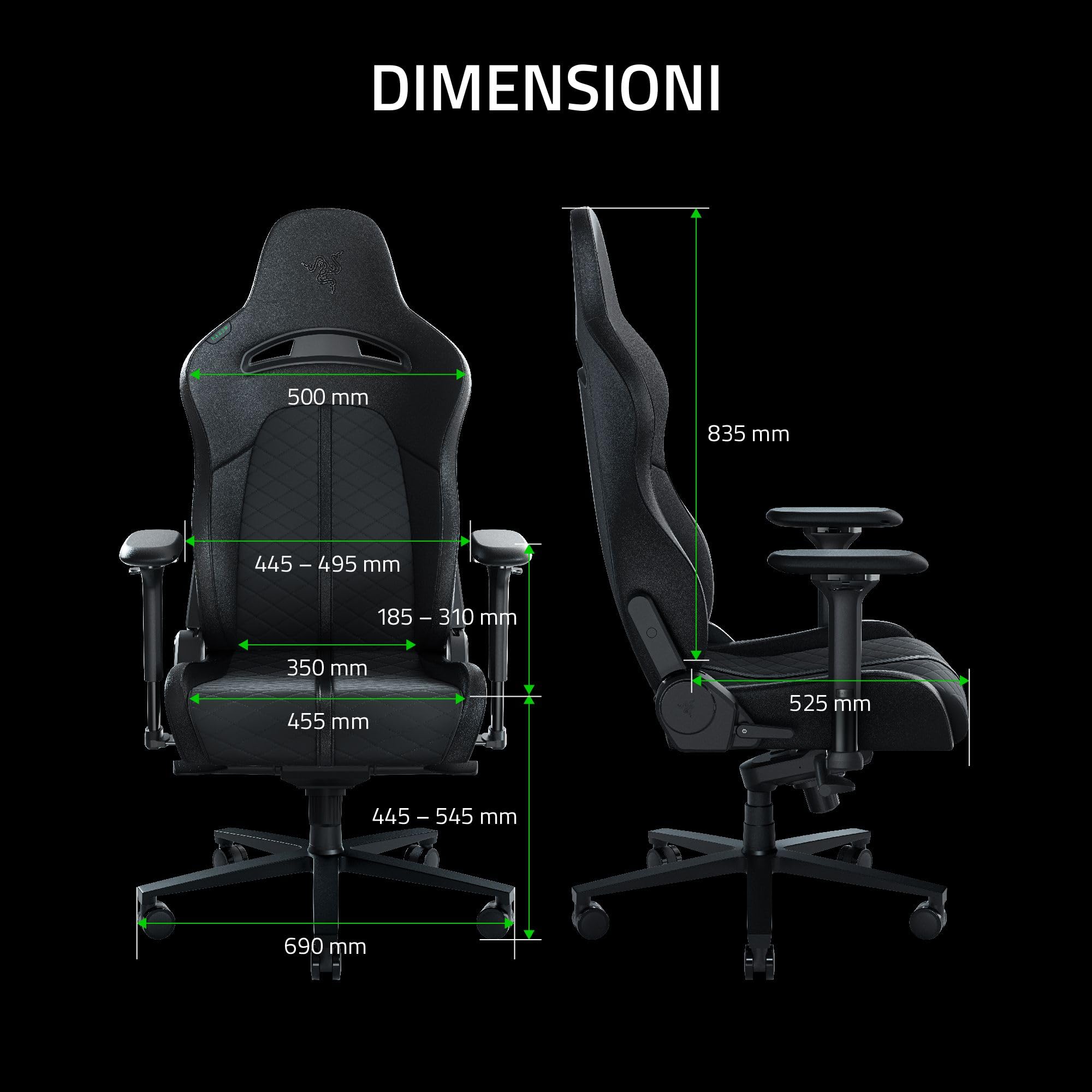 Razer Enki (Black) - Sedia da Gaming con Supporto Lombare Integrato, Finta Pelle Multistrato, Cuscini in Schiuma Ad Alta Densità, Braccioli 4D, Cuscino Poggiatesta