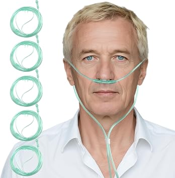 5 Pack Nasal Cannulas for Oxygen, 6.6 Ft Cannula Nasal Tubing for Oxygen, Standard Connector, Green Tubing and Each Lndividual Packing