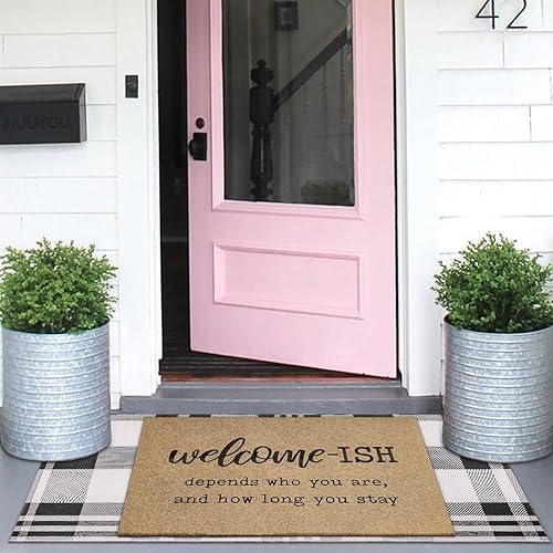 Miniatura 2 de Tapete de bienvenida grande de 2 piezas para puerta delantera, tapete de cuadros a cuadros a cuadros para exteriores, divertido tapete de bienvenida