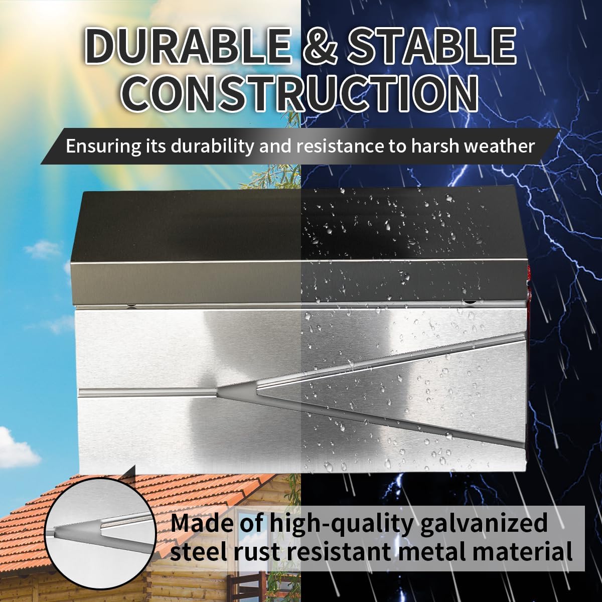 Ydocabinit Wall Mount Mailbox, Large Capacity Mailbox for House, with Flag Kit, Galvanized Steel Rust-Proof Metal Post Drop Box, Mailboxes for Outside, 15.74"×9.84"×4.33", Silver Modern Sleek Style