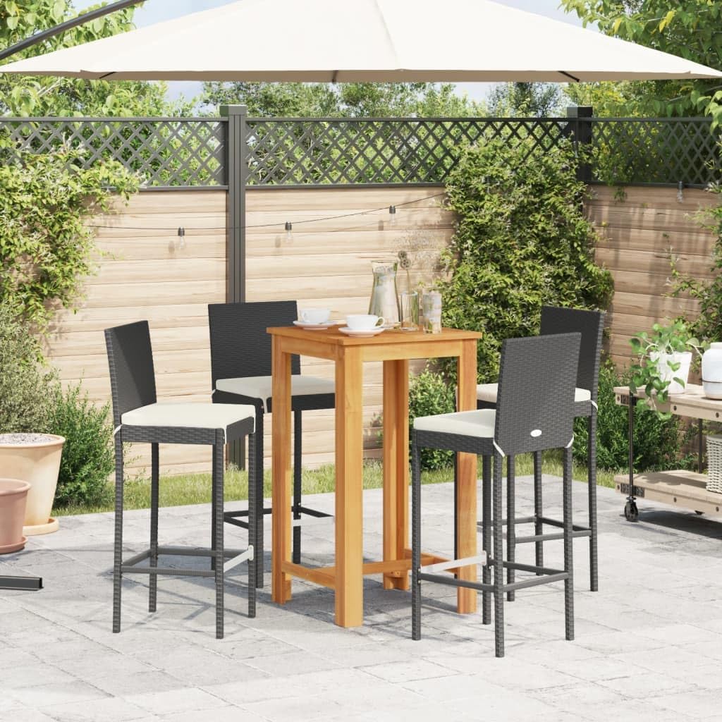 5-Piece Garden Bar Set with Removable Covers, Solid Acacia Wood and Poly Rattan Outdoor Furniture, Black Square Table and Four Stools for Patio, Balcony, or Deck Seating