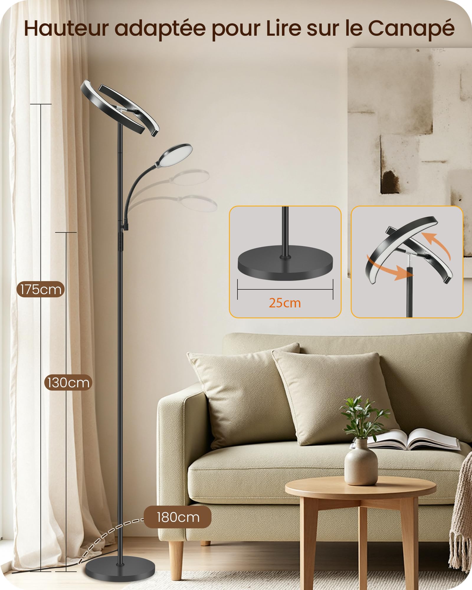 Lampadaire LED avec Lampe de Lecture, Lampe de Pie Salon