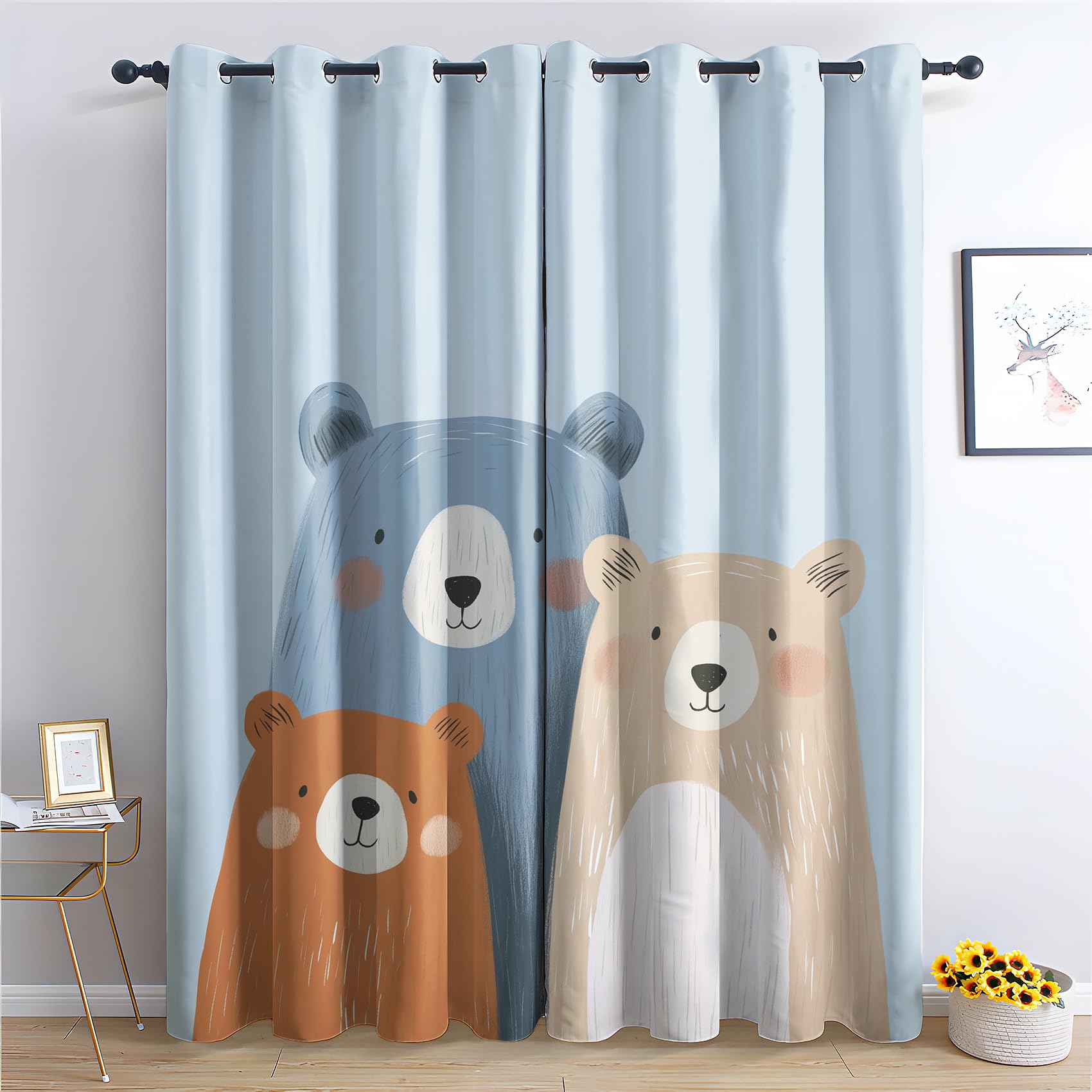 Luxfieo Bear Blackout Curtains for Living Room Bedroom - 90 Inch Drop Curtains 46x90, Kids Cute Cartoon Bears Patterned Window Treatments, Thermal Eyelet Drapes 2 Panels T#134