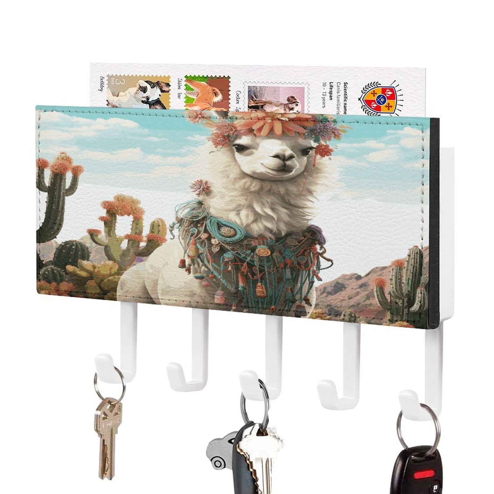 FekiLoot Mexican Llama Cactus Key Holder Wall Mount Key and Mail Holder Key Hanger with 5 Hooks Decorative PU Key Rack Hanging Key Hooks for Wall Living Room Kitchen Bathroom Hallway White-Style