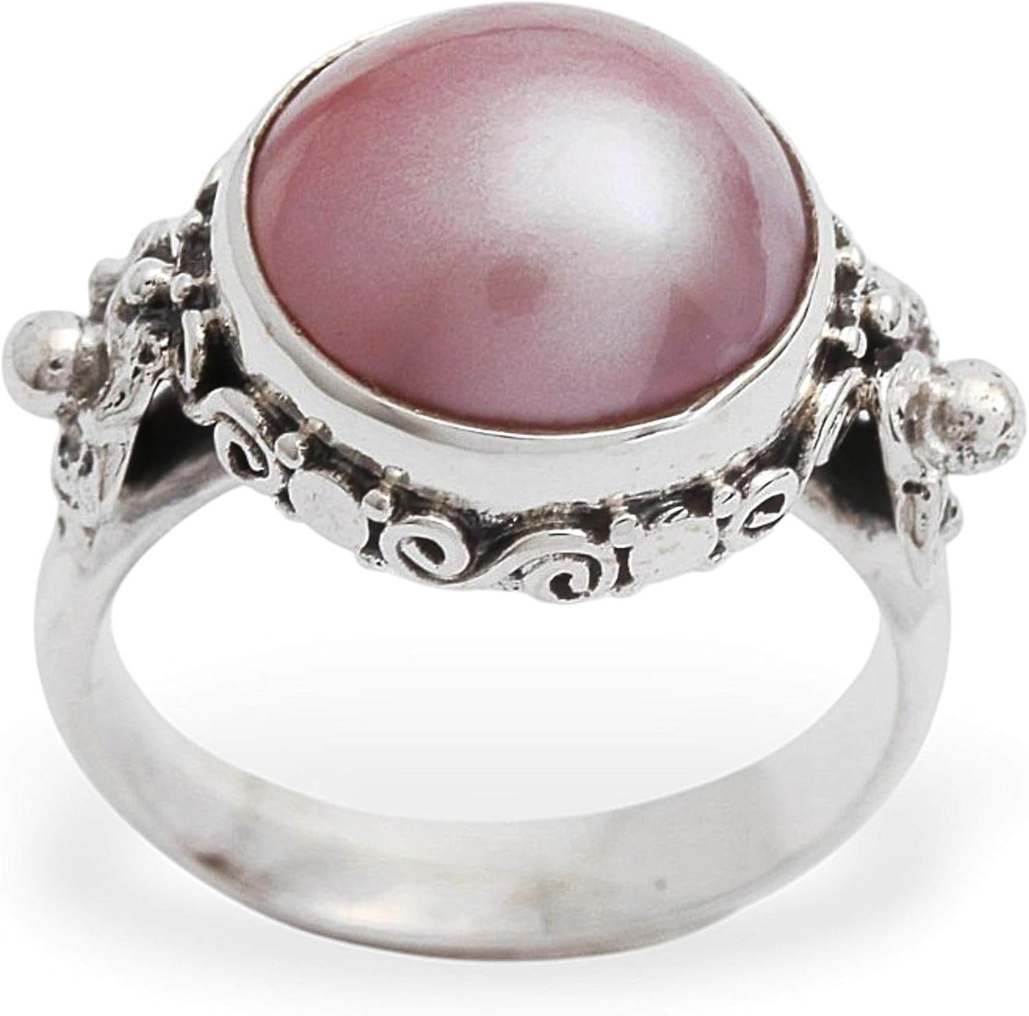 NOVICA Artisan Handmade Pearl Flower Ring Floral Sterling Silver Cocktail Pink Indonesia Birthstone [crownbezel 0.4 in H x 0.6 in Diam. Band Width 3 mm W] 'Love Moon'