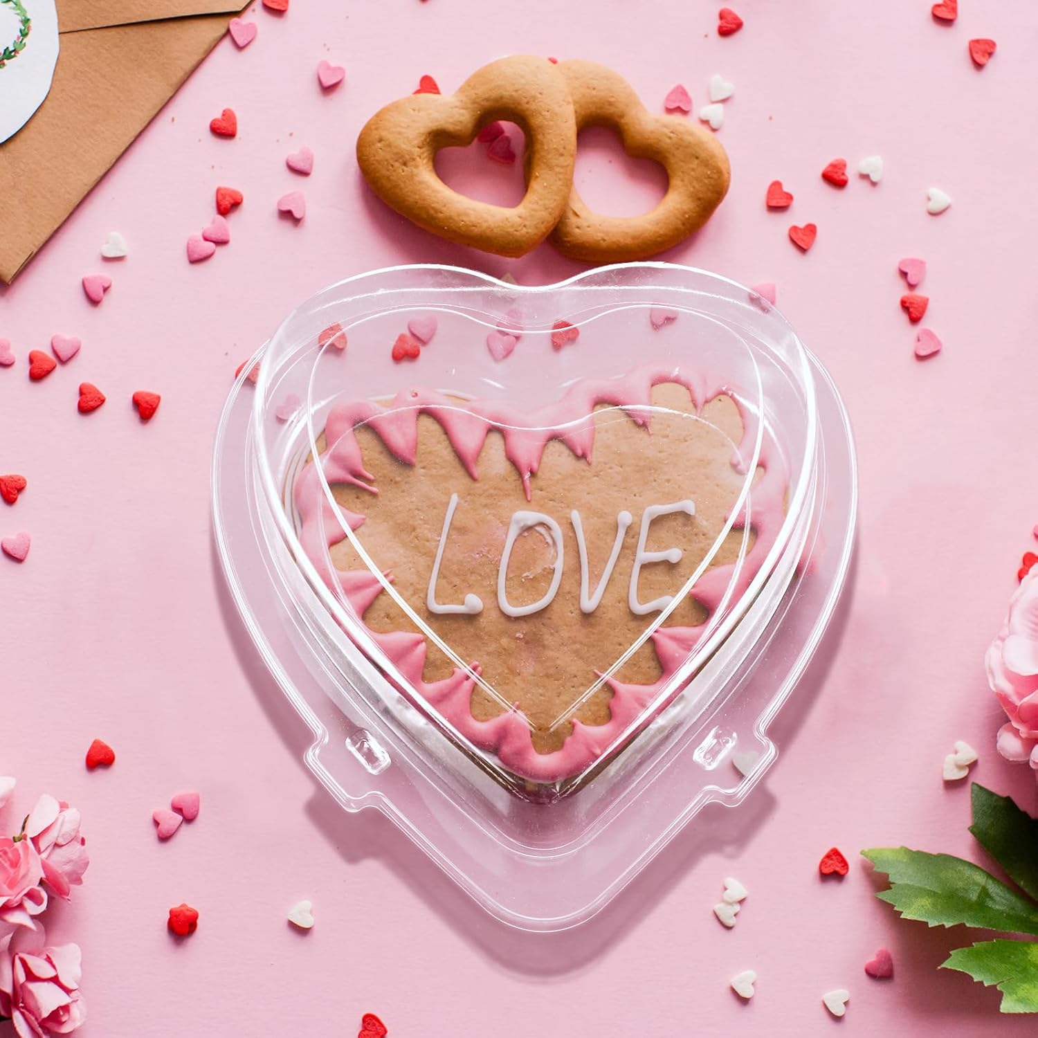 Vesici 25 Pack Large Valentines Heart Shaped Clamshell Containers 48 oz Clear Plastic Food Container with Lids Heart Clam Shell Box for Take out Cake Dessert Valentine's Day Party Supplies