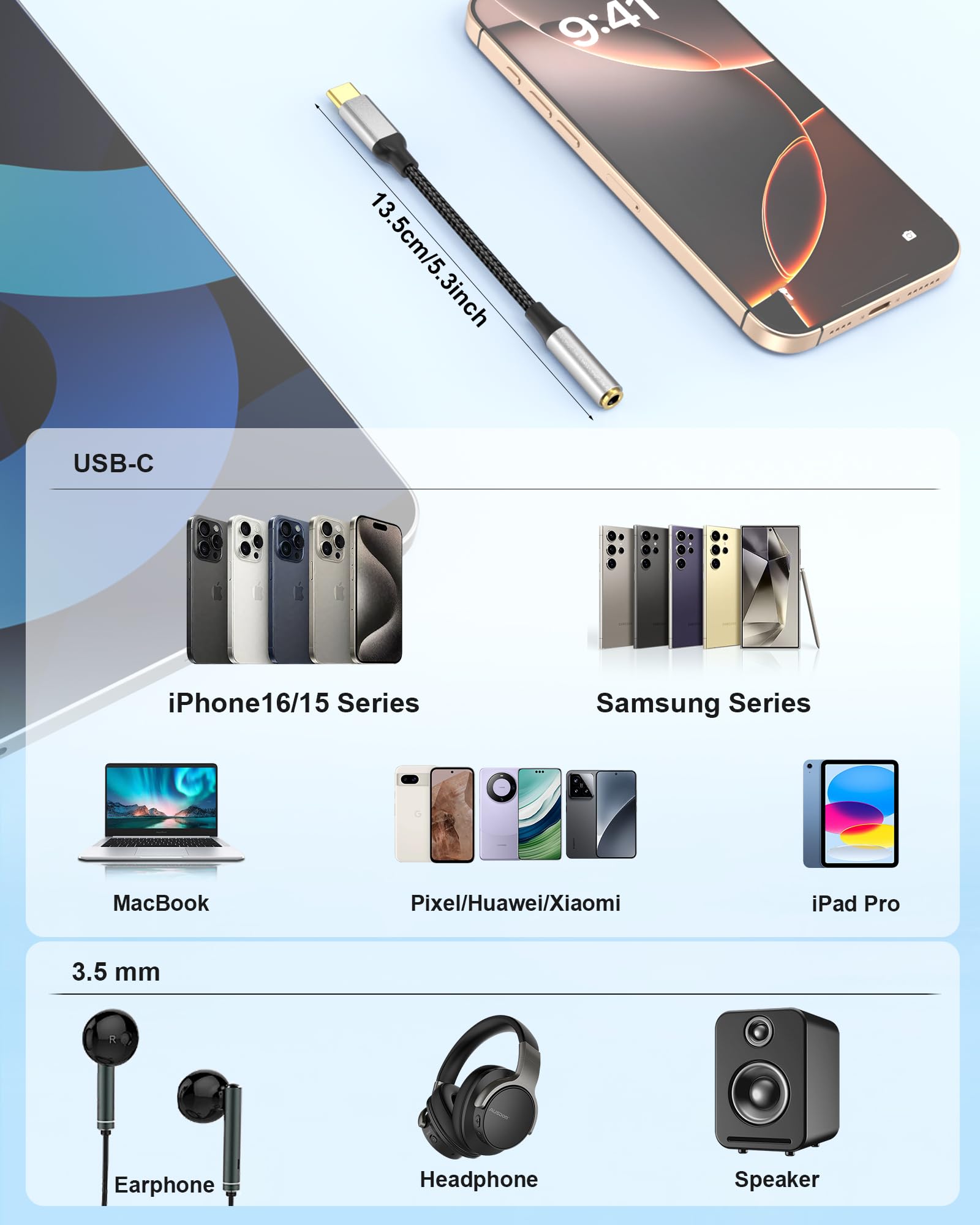 Bkduice Adattatore da USB C a jack per cuffie da 3,5 mm con chip DAC, confezione da 2 dongle HiFi USB-C a audio, compatibile con iPhone 16 15 Pro Max, Galaxy S25 S24 S23 S22, iPad Pro, MacBook