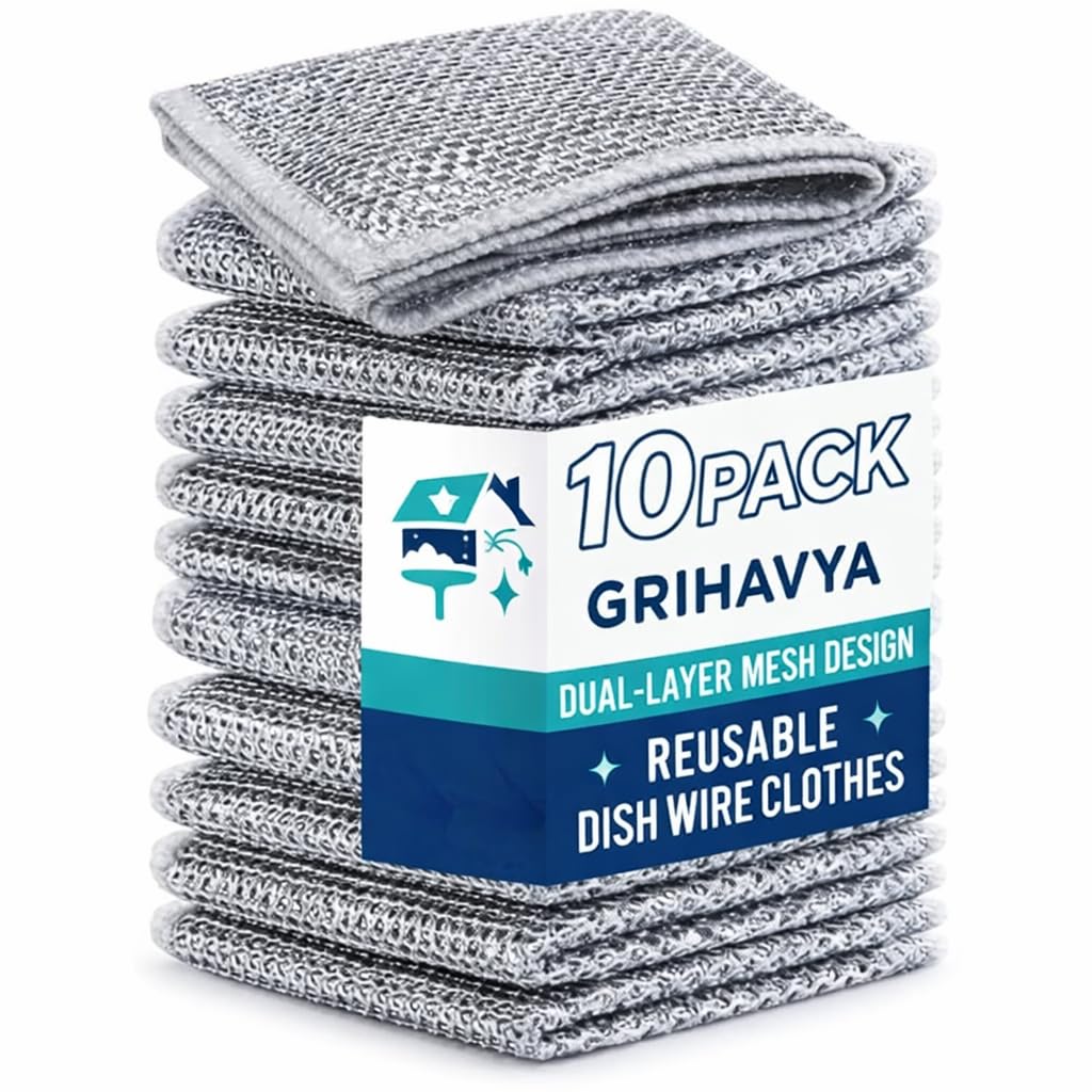 Grihavya Steel Wire Dish Cloth Pack of 10, Non Scratch Metal Scrubber Cloth for Utensils, Kitchen Cleaning Wire Dishwashing Cloth, Reusable Steel Scrub Pad for Dishes Sink Cookware