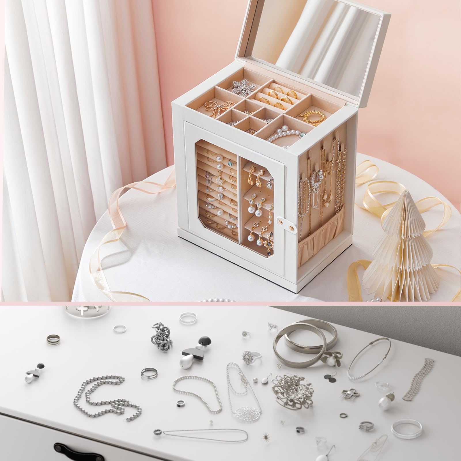 HOOBRO Caja Joyero Giratorio 360°, Caja de Joyas, Organizador de Accesorios con 6 Cajones y Vitrina de Vidrio, Expositor para Collares, Anillos, Pendientes, Pulseras, Blanco y Dorado EWT16JB04