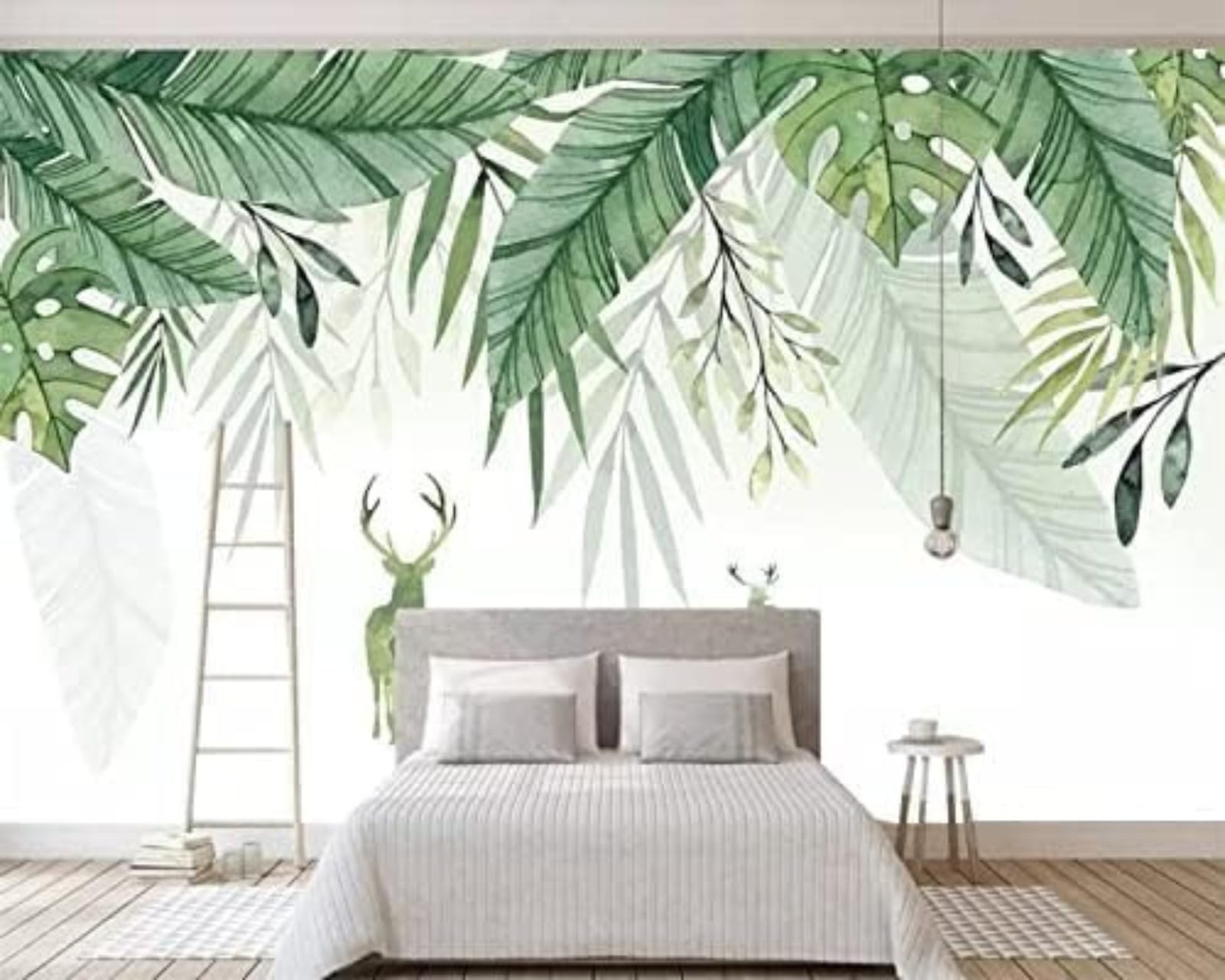 Mural 3D maison avec paysage feuilles de plantes vertes pour salon et TV