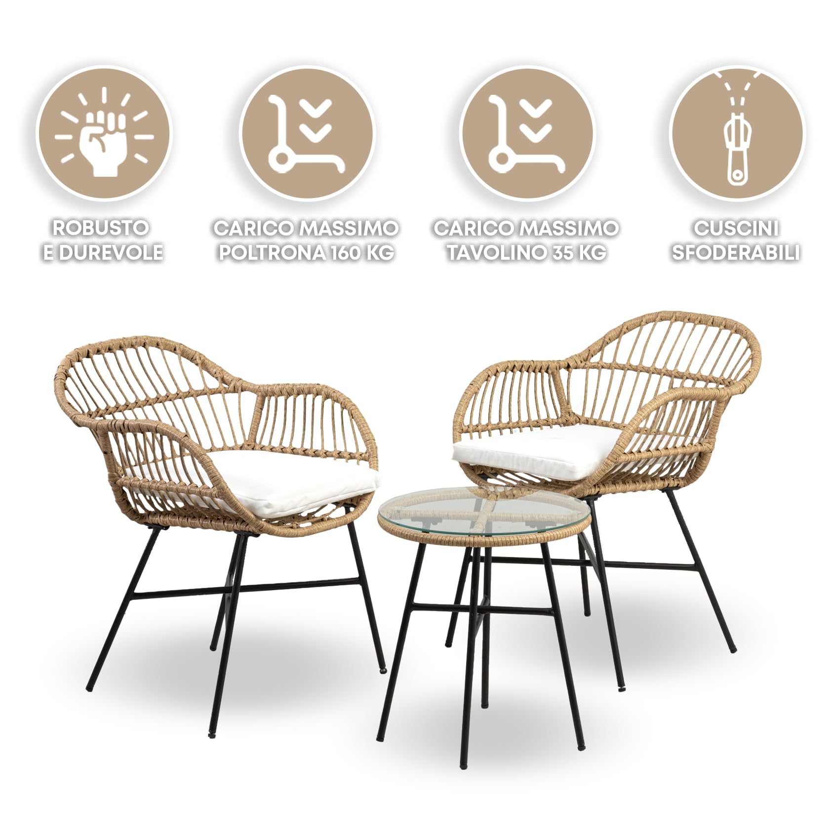 Salottino Da Esterno Set Bistrot Poltrone E Tavolino Elegante In Rattan Terrazzo Balcone Giardino Telaio In Acciaio Tavolo Salotto Con Piano In Vetro Con 2 Sedie Con Comodi Cuscini - Malang