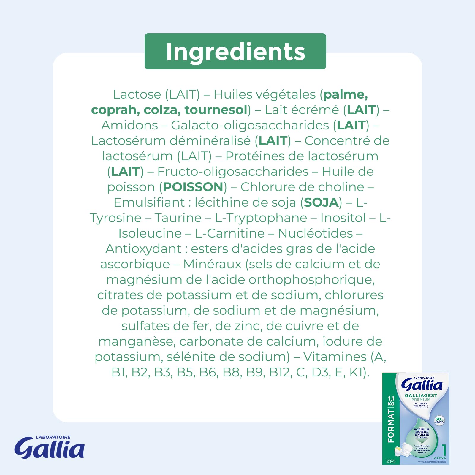 Laboratoire Gallia - Galliagest Premium 1 - Lait en Poudre - Lait Bébé de 0 à 6 Mois - Dès la Naissance - 1,1kg (Lot de 3)