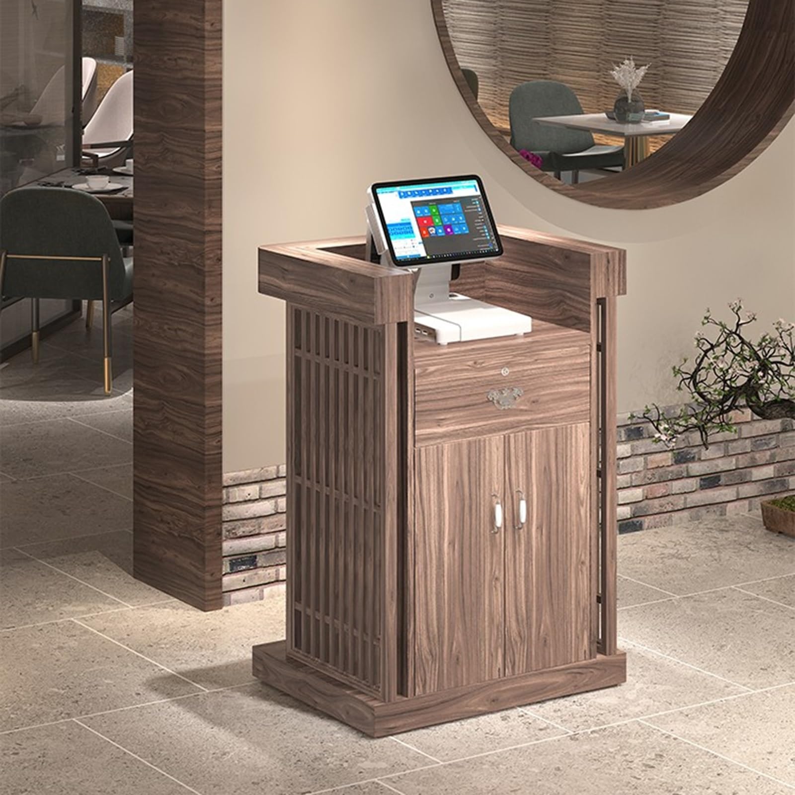 Bancone reception con cassetto chiudibile a chiave, bancone front-end moderno, bancone per negozi, bancone reception con armadietto portaoggetti, per sala reception, hall, salone di bellezza, negozi